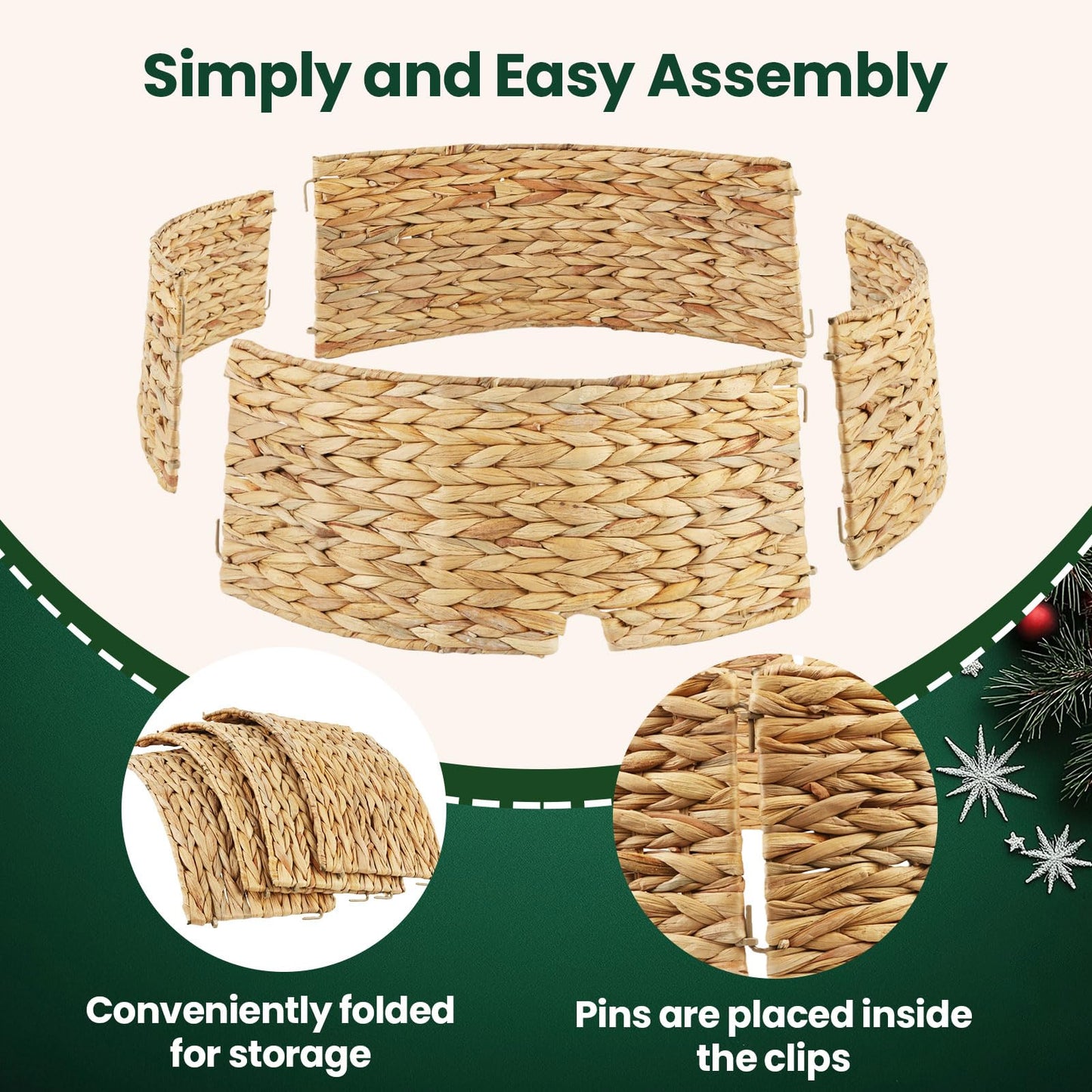 27" Christmas Tree Collar, Hand Woven Hyacinth Christmas Tree Base - 4 Piece Rustic Farmhouse Style Tree Skirt Replacements for Artificial Trees, Fits Below 26" Tree Stand, Natural Hyacinth