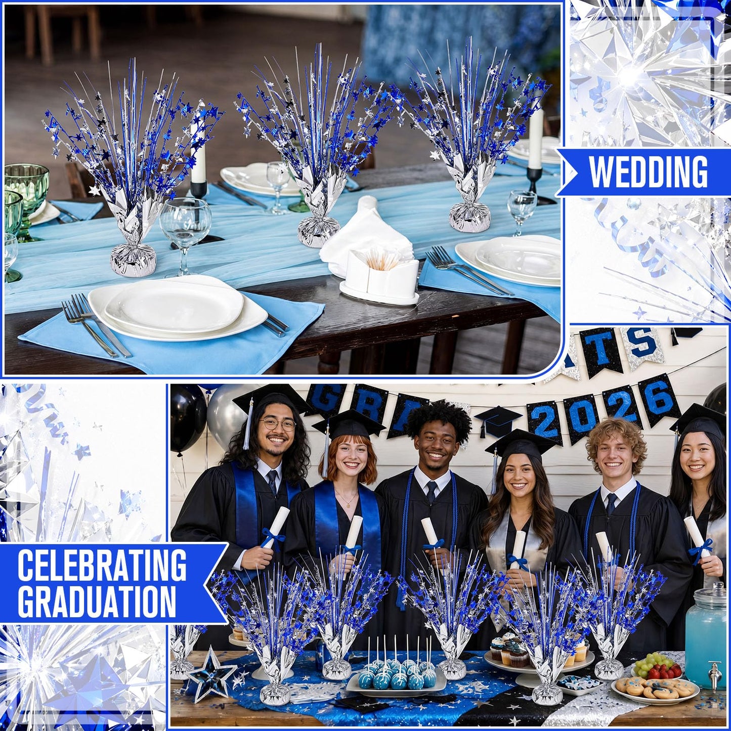 SiliFine 18 Pack Metallic Foil Spray Centerpiece Blue Silver Star Table Decoration Burst Glitter Table Topper Decor for Birthday Wedding Graduation Back to School Shower Party Supplies Decor