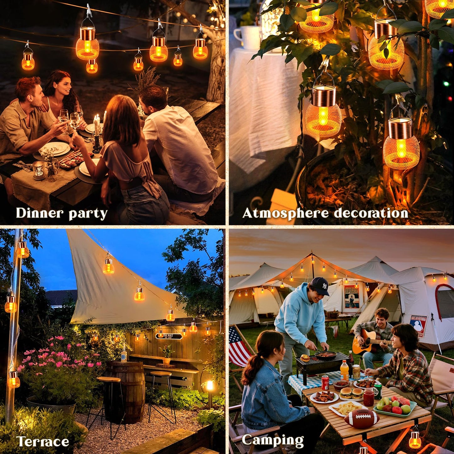 Anordsem Solar Hanging Lights Outdoor: 8 Metal Mesh Flame Lanterns with Clip - Waterproof LED Warm Lighting for Christmas Tree Yard Garden Decor - Xmas DIY Gift for Homeowners Camper