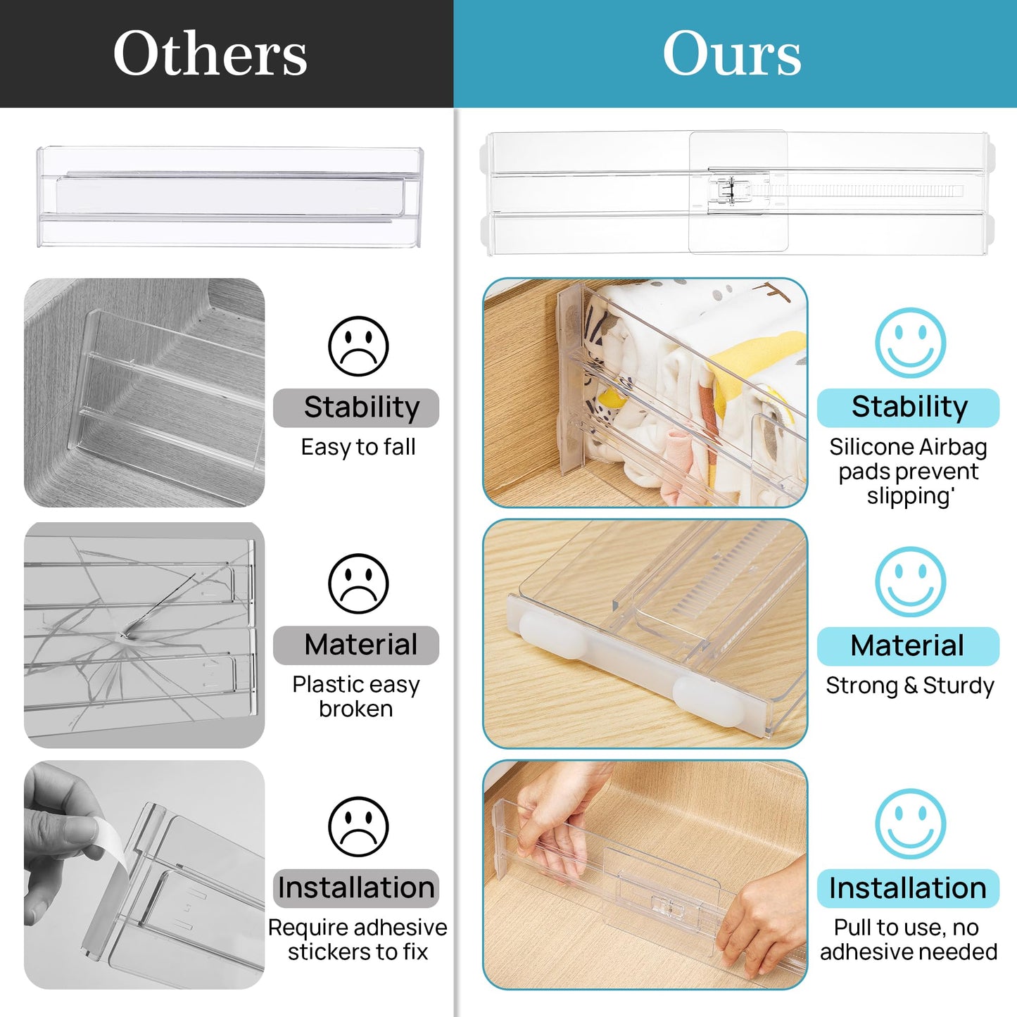 Vtopmart 12 Pack Drawer Dividers for Clothes, 4" High 10.2"-16.5" Adjustable Expandable Dresser Drawer Organizer, Clear Plastic Separators for Dresser, Baby Clothing, Underwear, Cosmetic, Toiletries