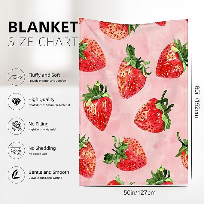 Throw Blanket, Cute Strawberry Blanket Fruit Throw Blankets for Bed Kids Adults, Lightweight Cozy Blanket for Living Room, Bedroom 50"x60"