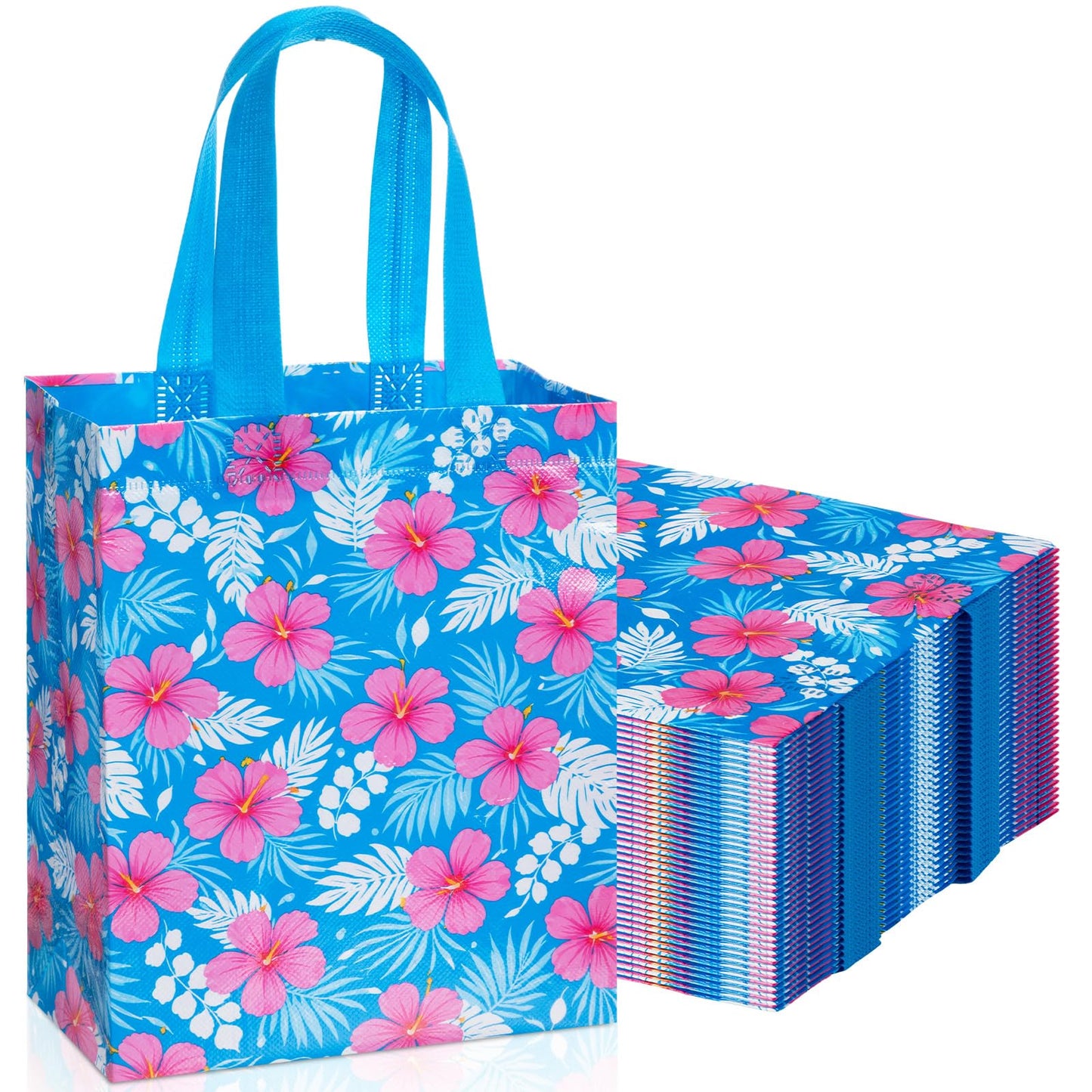 Threlaco 60 Pcs Summer Hawaiian Hibiscus Gift Bags Non Woven Reusable Tropical Blue Pink Flower Goodie Candy Tote Bag with Handles for Cartoon Animation Aloha Luau Party Supplies 10 x 8 x 4 Inch
