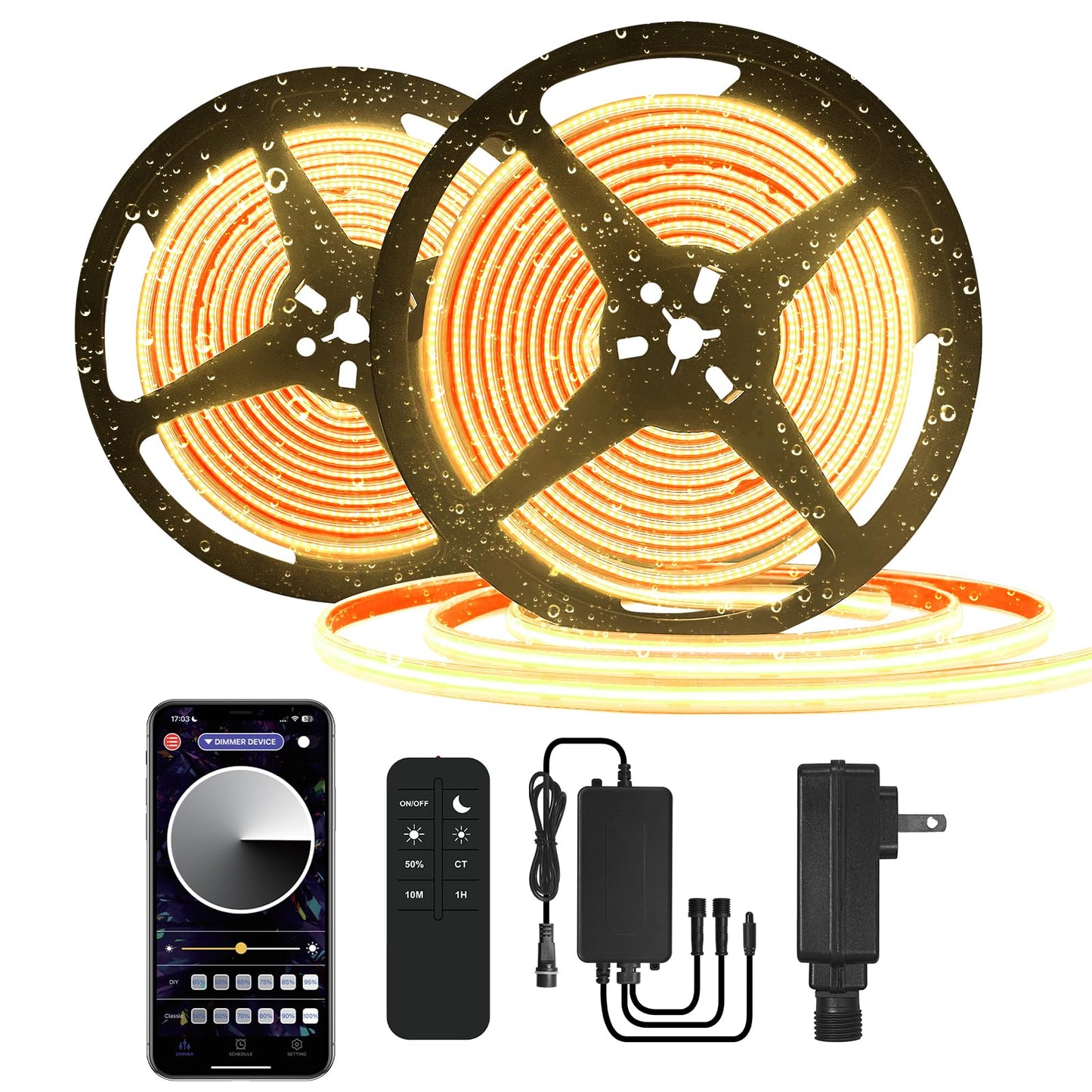 BUNACET 100ft COB Outdoor LED Strip IP67 Waterproof, 3000K Warm Whit DC24V Flexible LED Rope Strips with Remote & App Control Dimmable, DIY Lighting for Indoor, Outdoor, Garden, Patio（2 Rolls）