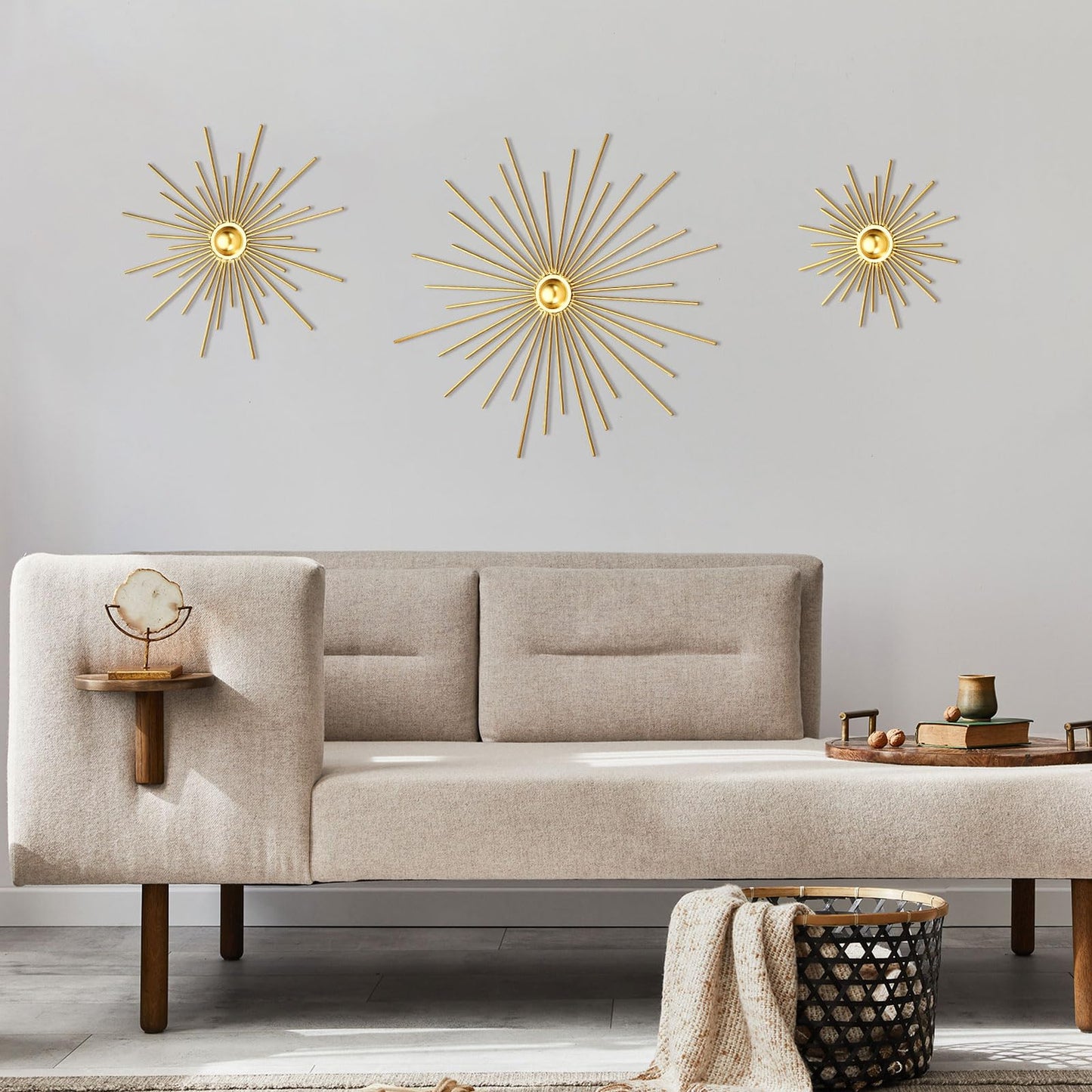 Fourluoo 3 Pcs Metal Starburst Wall Decor Gold Metal Wall Art 3D Spike Bling Finish Star Burst Hangings Accents Sculptures Set Modern Mid Century Decorations for Living Room Bedroom Entryway