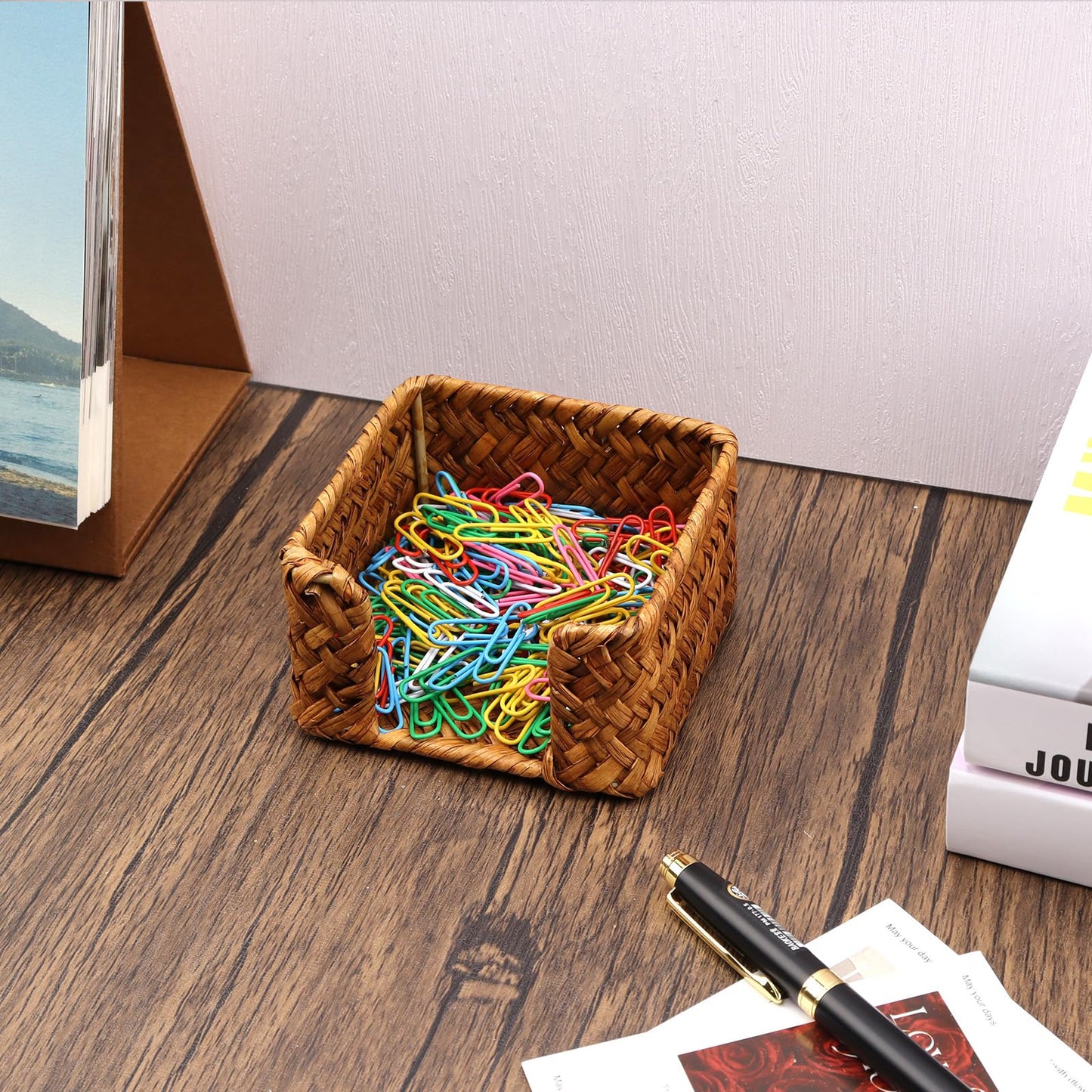 Shonmogar Seagrass Sticky Note Holder,2 Pack Woven Post It Note Dispenser for Desk,3 x 3 Inch Post It Note Holder, Rustic Sticky Note Dispenser for Home Office Desk Table Drawer, Caramel