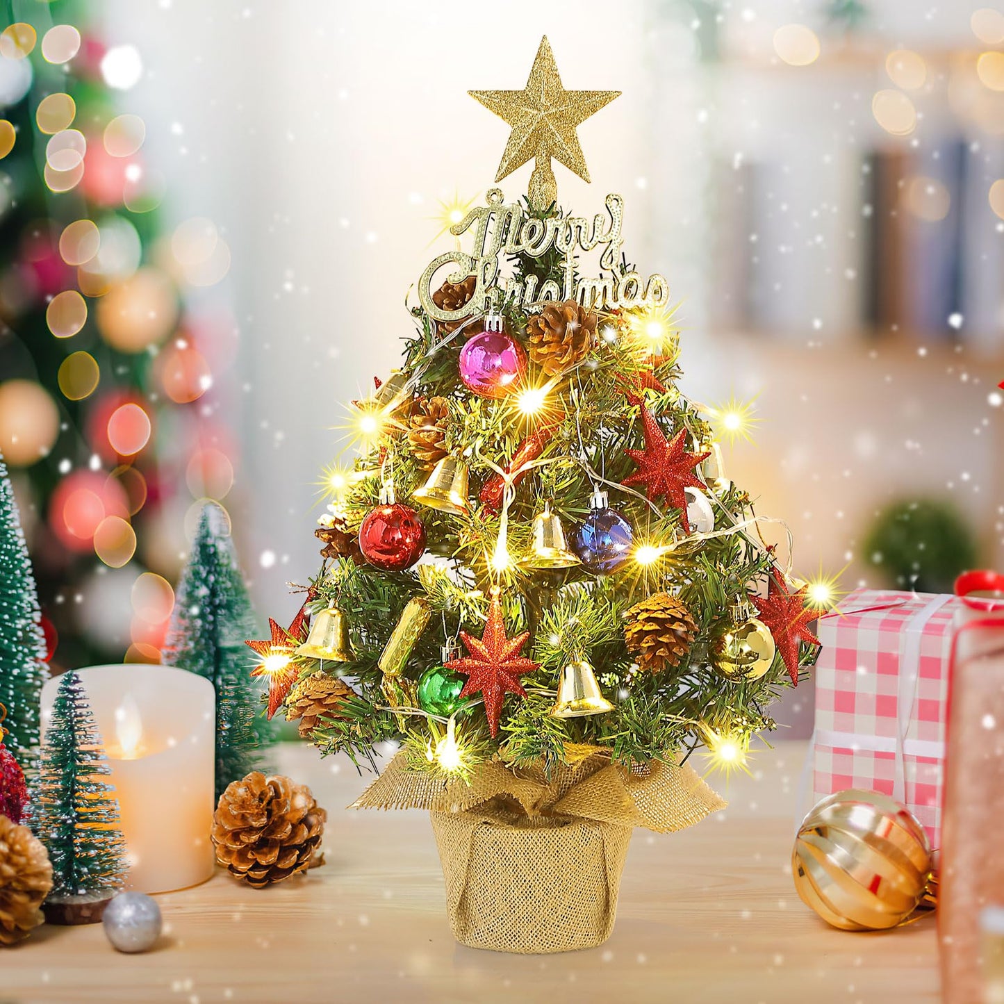 Tabletop Christmas Tree 21.65 Inch Mini Artificial Christmas Tree with 20 LED String Lights, Star Tree, Pine Cones Ornaments, Small Xmas Tree for Holiday Indoor DIY Christmas Decor