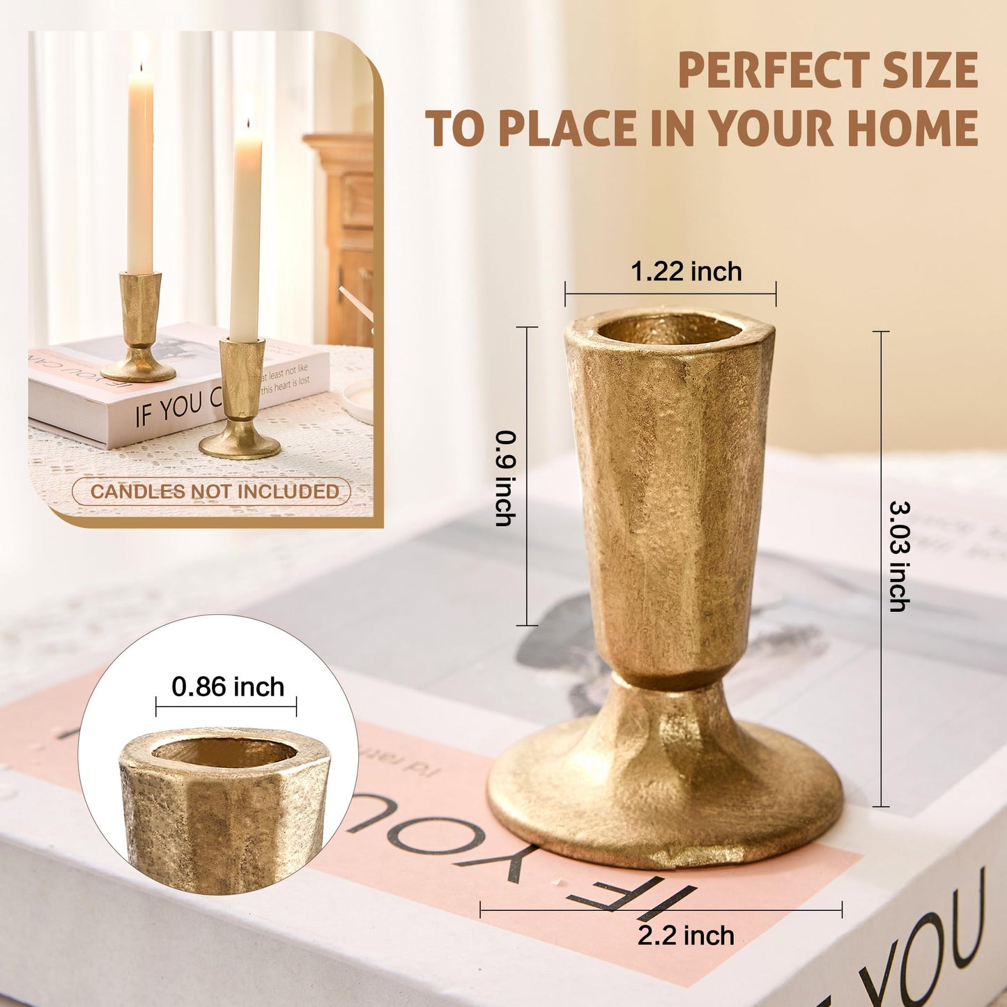 Cast Iron Taper Candle Holder Set of 2, Antique Brass Candlestick Holders Decorative Candle Stand, Tapered Candle Holders Tall Set for Wedding, Holiday, Home Decor, Christmas Decoration (Gold)