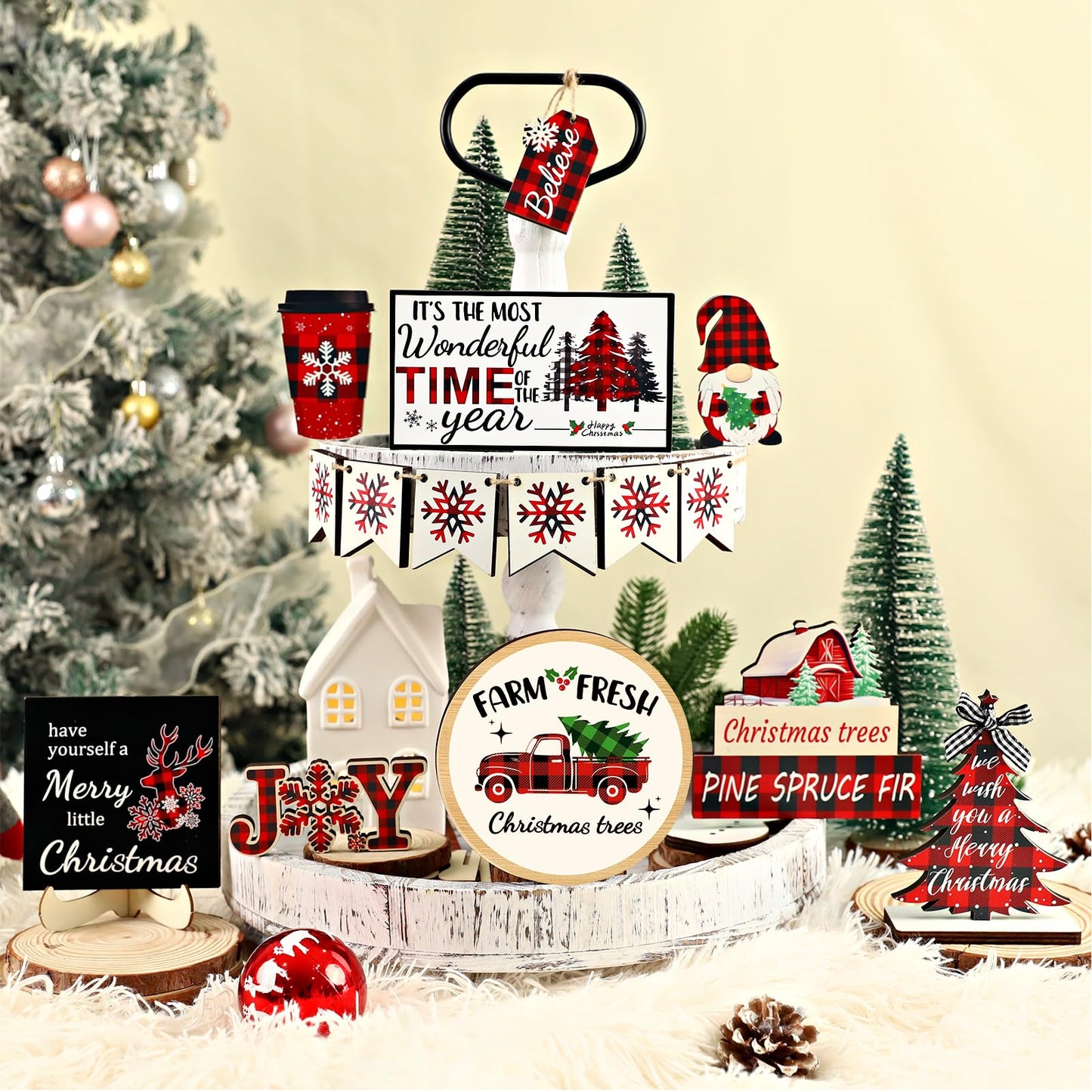 20 Pcs Christmas Tiered Tray Decor - Christmas Decorations Indoor Table Centerpieces Red and Black Buffalo Plaid Tray Decor with Snowflake, Xmas Tree, Gnome Wooden Signs for Home Shelf Decor