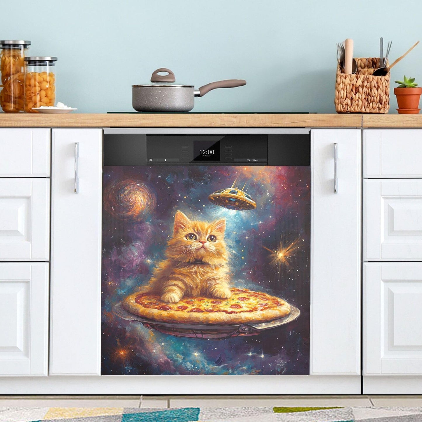 Pizza Cat Dishwasher Stickers Magnetic Cover Galaxy Space Stars Kitchen Fridge Magnet Covers Decals Home Decorations Vinyl Sticker Reusable 23W x 26H inches