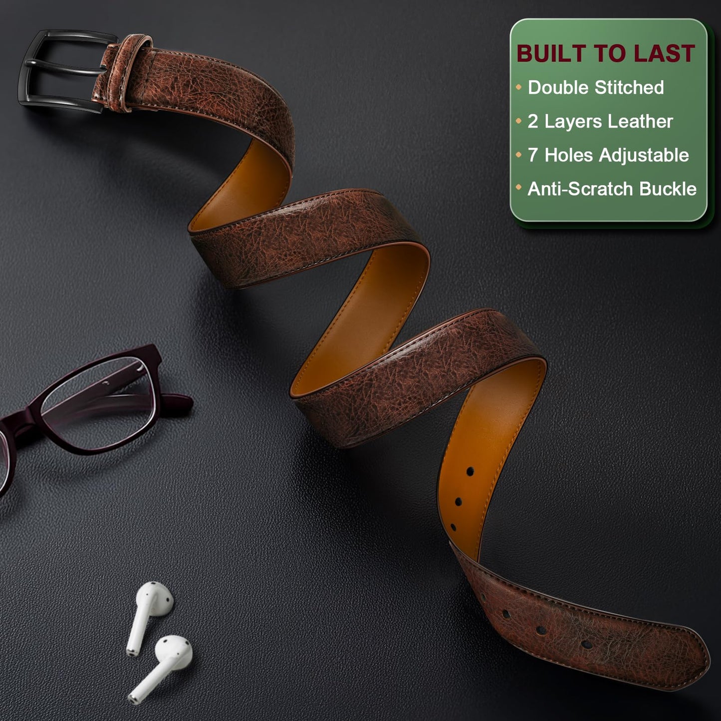 BULLIANT Men Belt 2Pack-Leather Belt 7Holes Comfortable For Men's Dress Casual Jeans 1 3/8"(Black/Deep Brown,32"-34" Waist Adjustable)