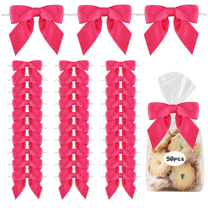 TONIFUL 50pcs Hotpink Satin Ribbon Bows, 4.5" Twist Tie Bows for Gift Wrapping Treat Bags Cakes Crafts Bottles Christmas Tree Wedding Baby Shower Birthday Party Decor