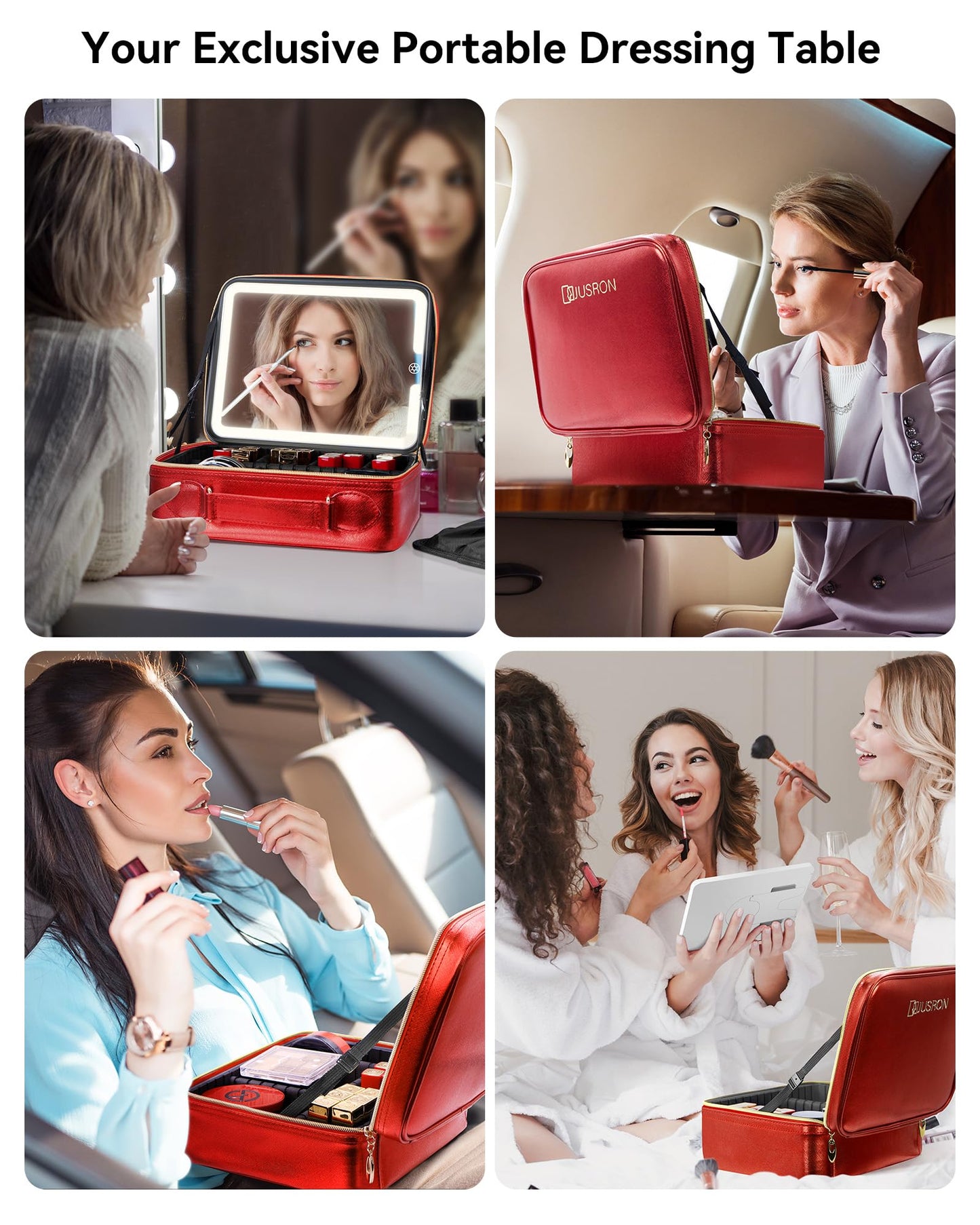 JUSRON Travel Makeup Bag With LED Mirror, Cosmetic Train Case with Light up Mirror, Portable Makeup Artist Organizer Bag with Adjustable Dividers, Makeup Brush Holder Storage (Red, Large)