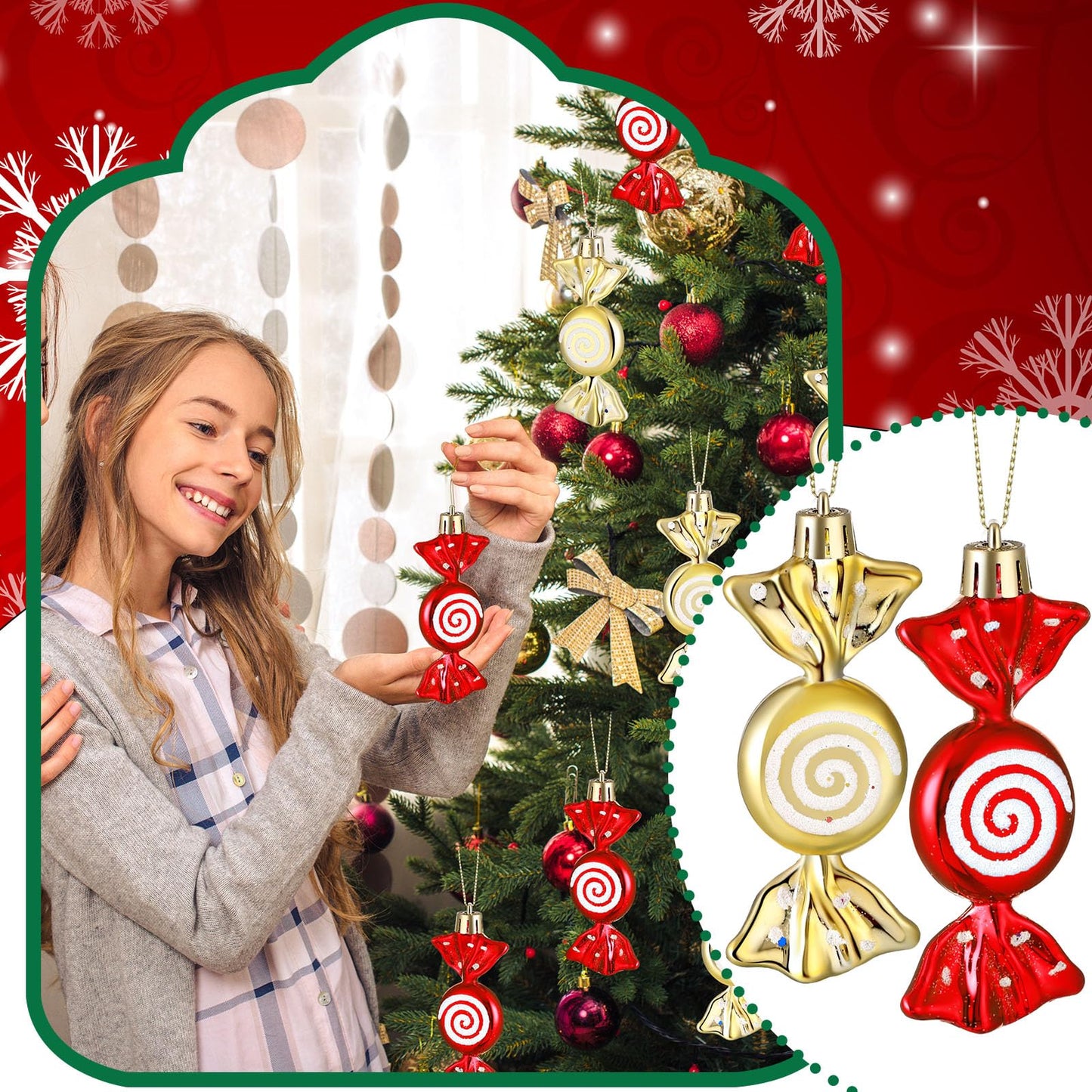 Threan 12 Pcs Christmas Candy Ornaments for Tree Decoration Hanging Glitter Candy Cane Christmas Peppermint Ornament with Golden Rope for Xmas Holiday Decoration(Red, Gold,Plastic)