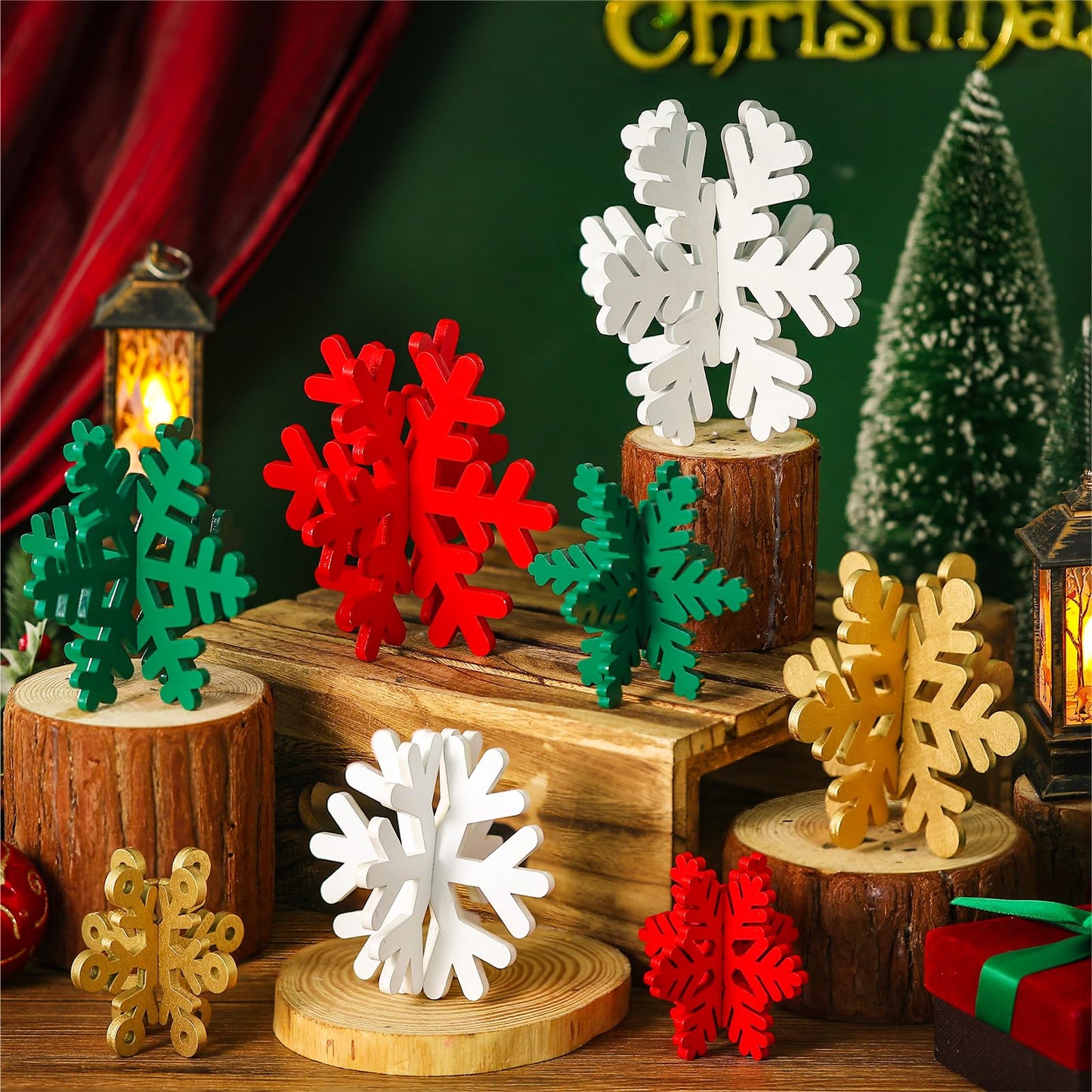 Wenqik 16 Pcs Winter Wooden Snowflake Decor Christmas Winter Snowflake Tabletop Decorations 3D Snow Table Signs Standing Centerpiece Xmas Tiered Tray Decorations for Party(Gold, White, Green, Red)
