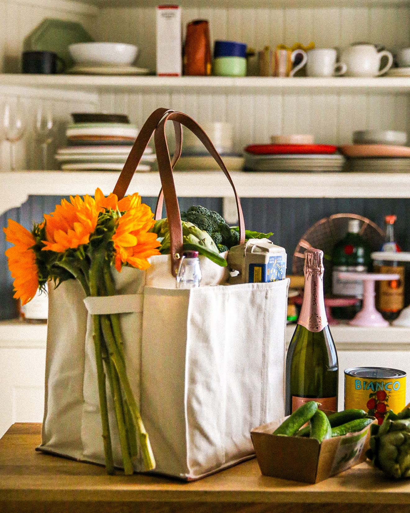 CapaBunga Farmer's Market Tote Shopping Bags with Handles - 7 Pocket Large Utility Tote Bag - Heavy Duty Canvas Utility Bag with Vegan Leather Base - Reusable Tote Bag - Natural Grocery Bag