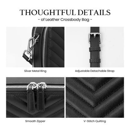 befen Quilted Genuine Leather Crossbody Bags for Women, Purses with Built in RFID Wallet, Woman Camera Shoulder Bag Handbags, Black Crossbody Purses with Adjustable Strap