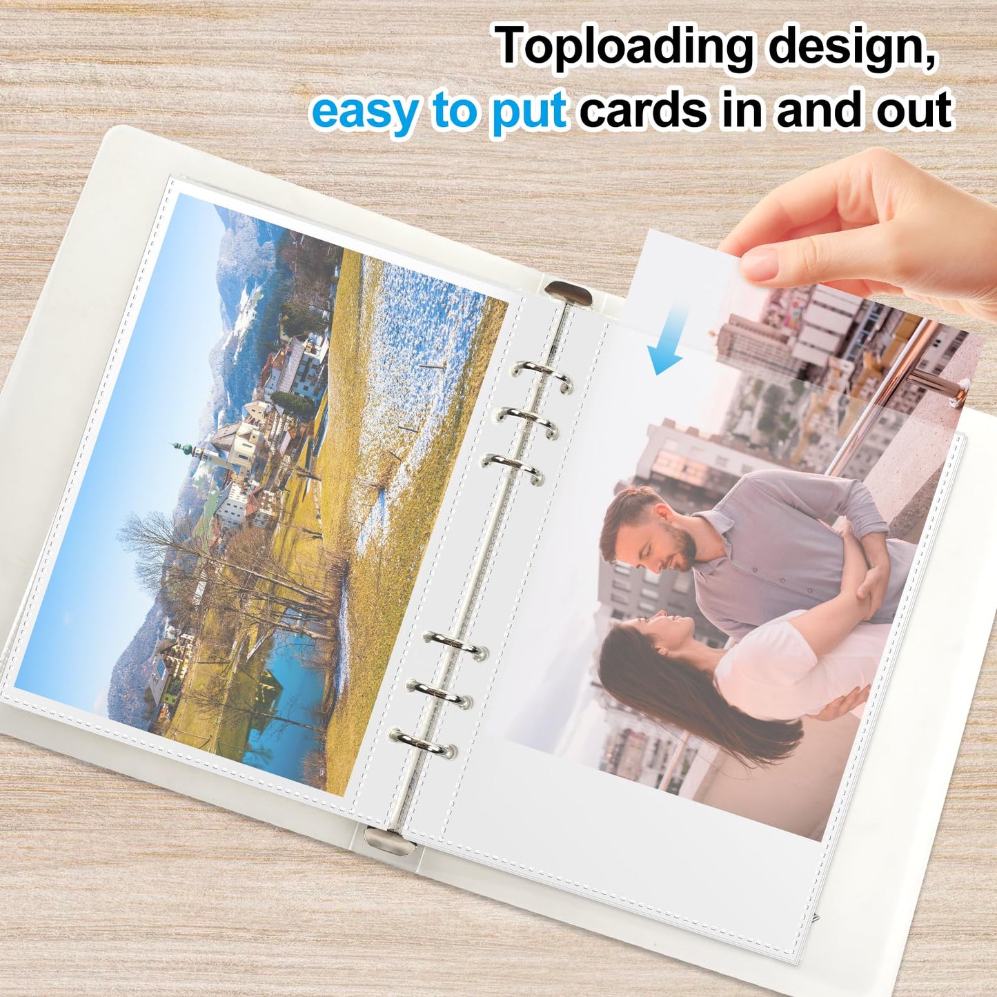 SHANGRLA Large 5x8 and 5x7 Index Card Binder Holder with Clear Plastic Sleeves – 90 Pocket A5 6-Ring Binder for Flashcards, Postcards, Recipe Cards – Small Storage Organizer with Sheet Protectors