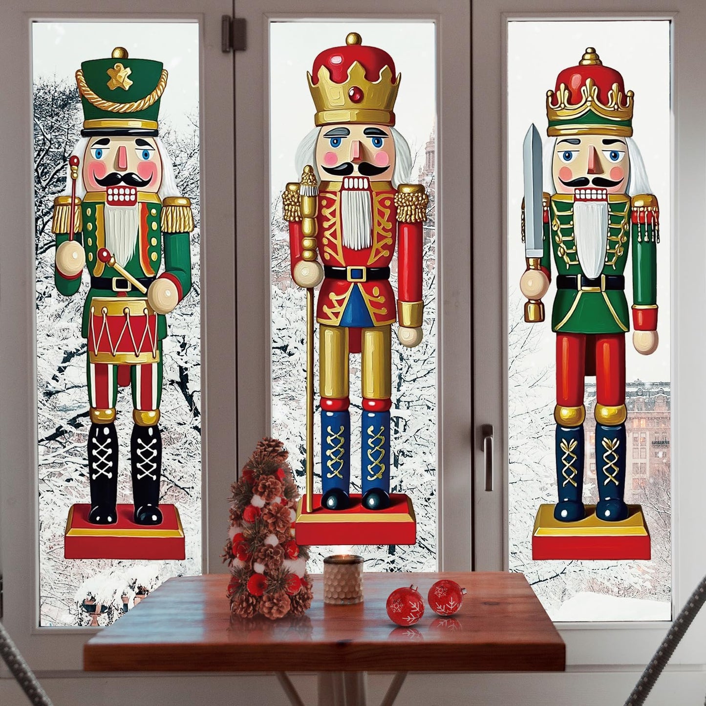 JarThenaAMCS 3 Sheets Christmas Window Clings Xmas Nutcracker Soldiers Extra Large Reusable Window Decals for Winter Holiday Home School Office Glass Decor