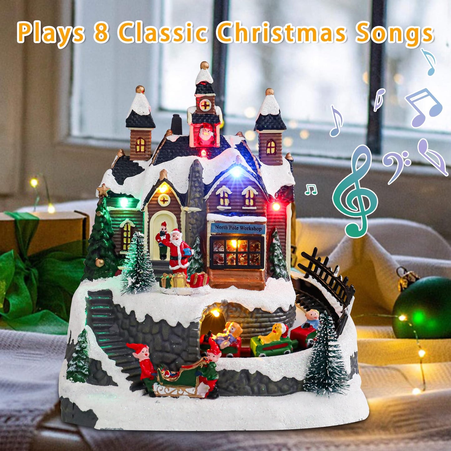 Vipush Christmas Village House Decorations Resin Little Train Home Decor Indoor Building Figurines Revolving Train with LED Light and 8 Christmas Music for Kids