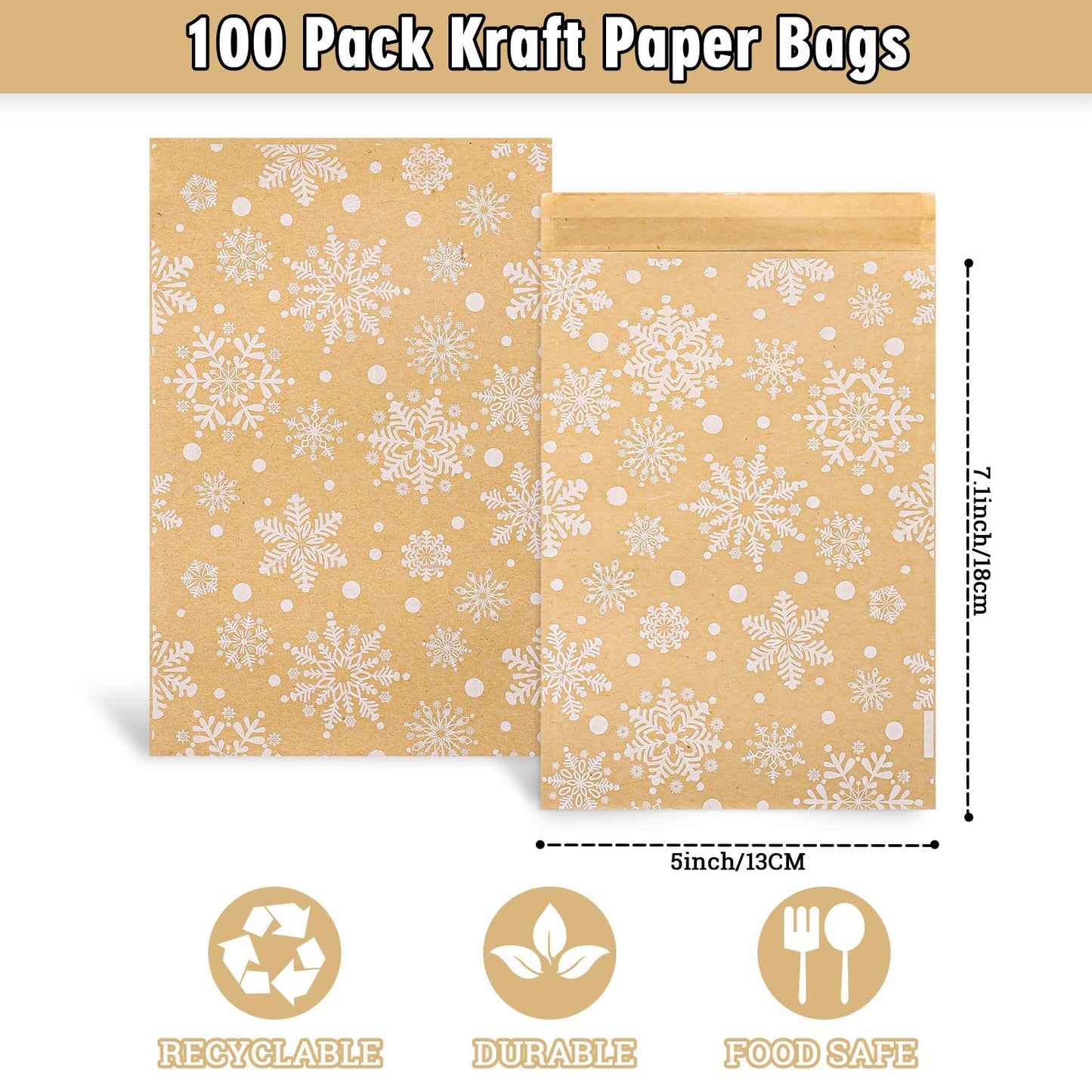 Whaline 100Pcs Christmas Kraft Treat Bags Self-Adhesive Winter White Snowflake Prints Goodie Snack Gift Bags Xmas Candy Buffet Kraft Bag for Holiday Party Favor Supplies