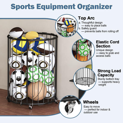 Hencawima Garage Ball Storage: Round Sports Equipment Organizer with Wheels, Sports Ball Rack With Elastic Rope, Ball Holder for Basketball, Soccer, Volleyball, Football, Garage, Gym, Outdoor (Black)