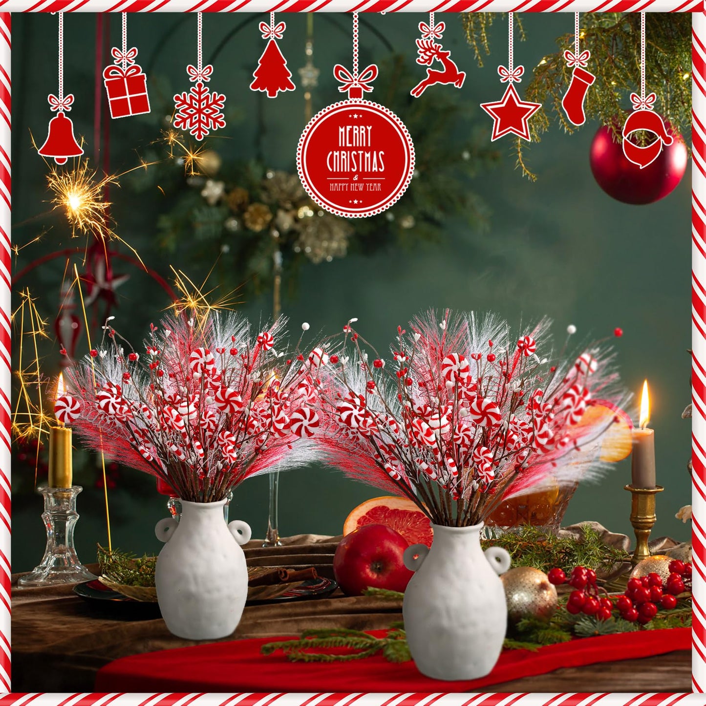 24 Pcs Christmas Candy Cane Picks Berry Lollipop Christmas Decoration 16 Inch Red and White Candy Cane Stem Christmas Tree Pick for Xmas Decor DIY Home Vase Filler Craft Wreath Holiday Party Ornament