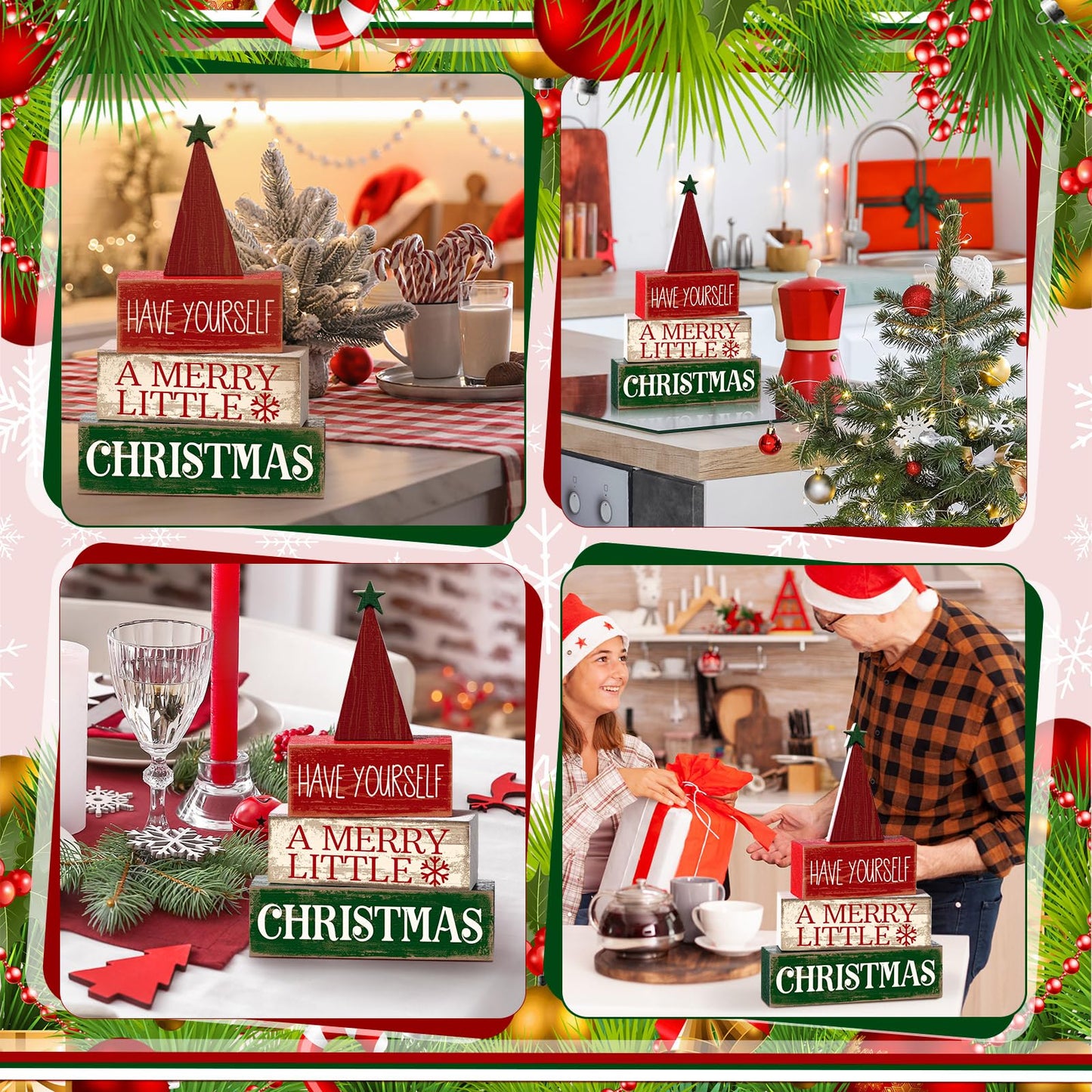Moucuny 4 Pcs Christmas Decor Wooden Christmas Tree Winter Tiered Tray Decor Xmas Table Centerpiece Rustic Decorative Tree Block Signs Gift Farmhouse Winter Table Decoration for Home Kitchen