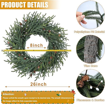 Artgar 26 Inch Pine Wreath - Christmas Wreaths for Front Door - Real Touch Pine Wreath with Pinecones Berries - Large Artificial Green Wreaths for Home Wall Window Porch Farmhouse Outdoor Xmas Decor