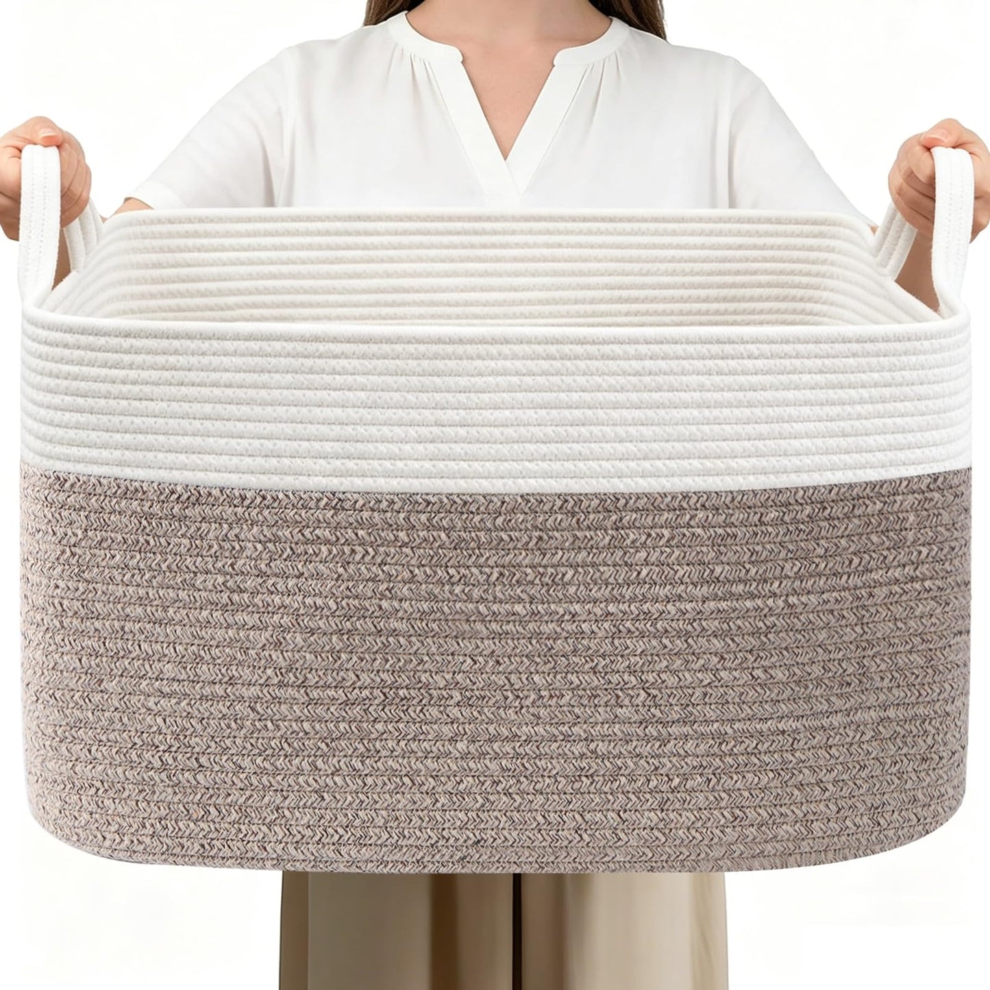 HZFTJOY Large Blanket Basket,Woven Rope Basket Storage Bin with Handles,65L Rectangle Laundry Basket for Magazines,Toys,Clothes,Newspaper Shelf Organization,Nursery and Living Room,White & Brown