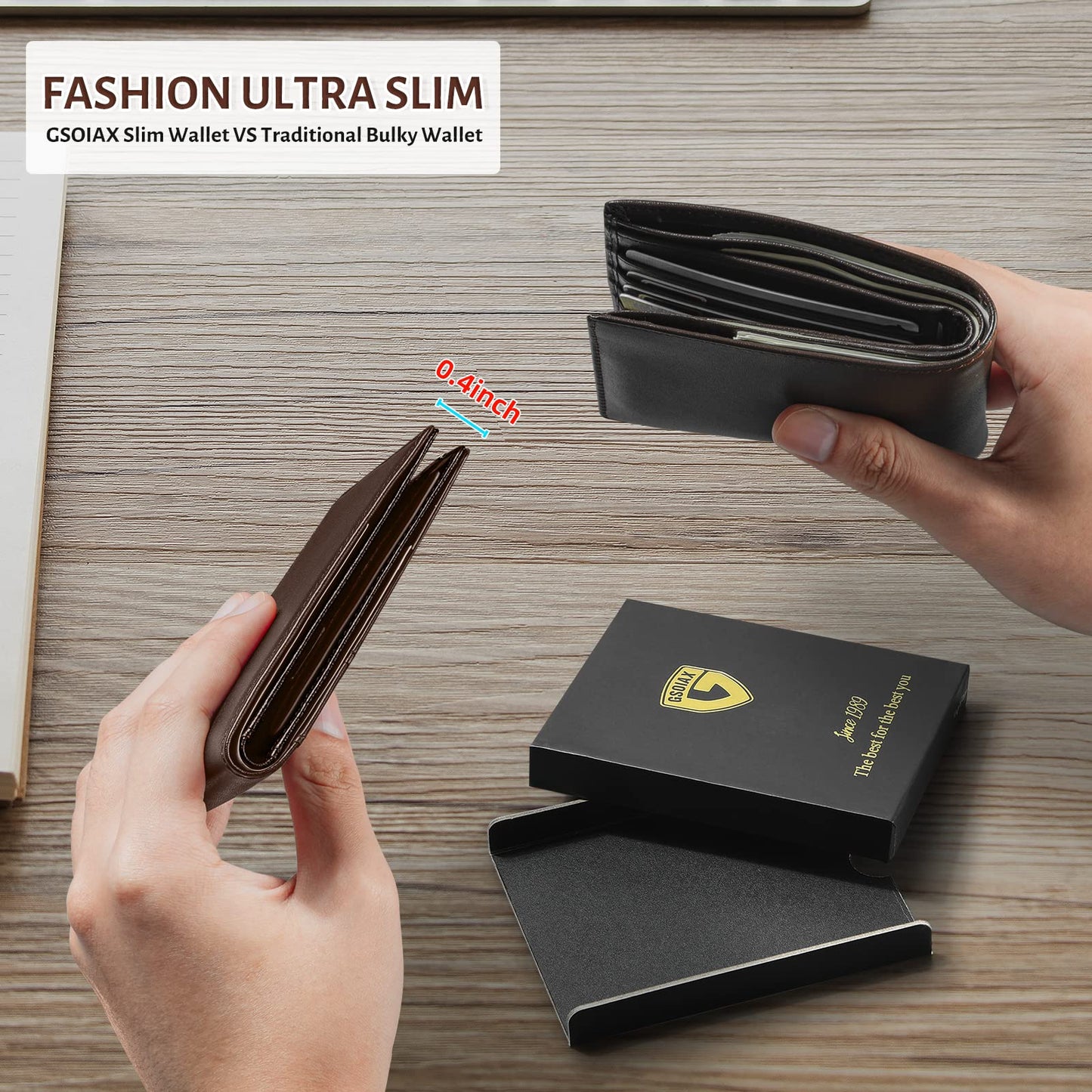 GSOIAX Slim Leather RFID Bifold Wallet for Men Minimalist Front Pocket Wallet with Money Clip,12 Card Slots,ID Window,Cool Groove Design,Includes Gift Box (Leather Brown)