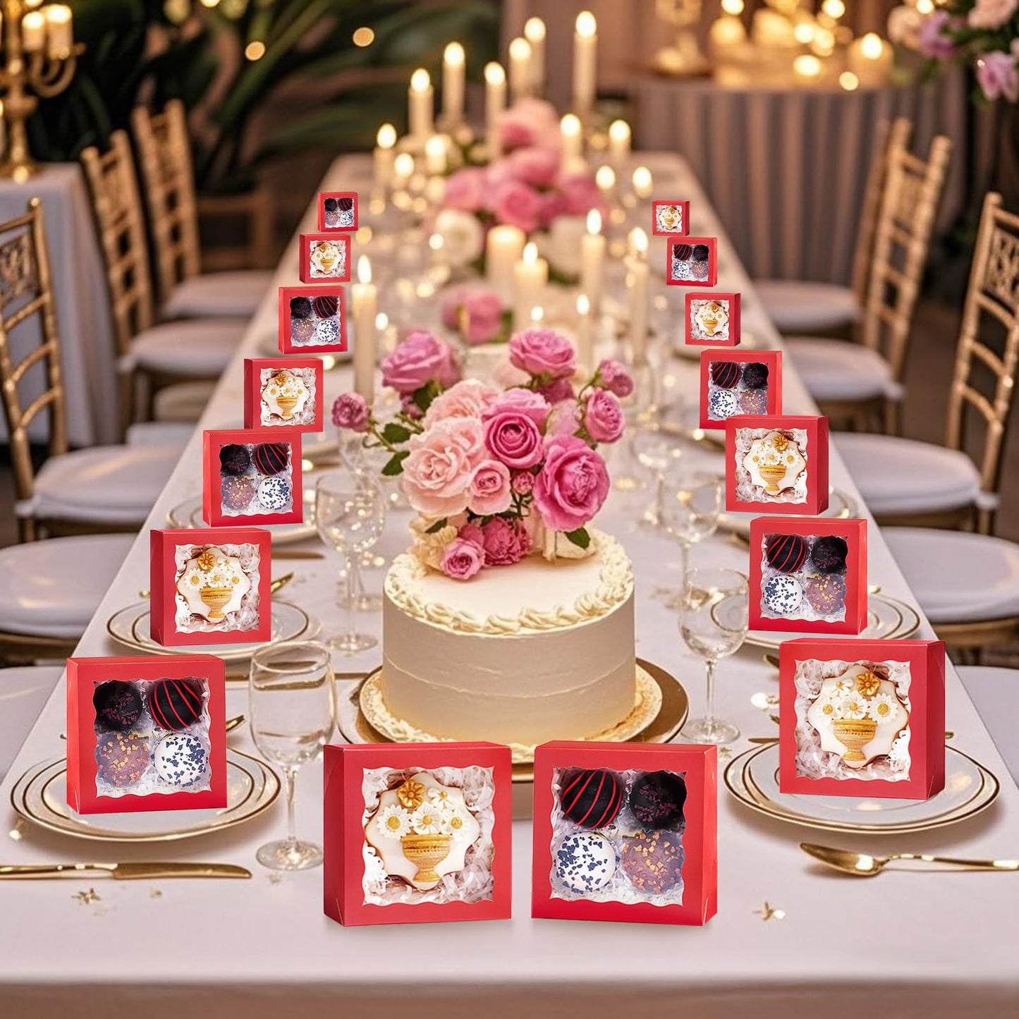 JCXGRVC 50 Pack 4x4x2 inches Red Bakery Boxes with Window - Macaron Cookie Chocolate Truffle Strawberry & Mini Cake Gift Boxes for Valentine's Parties Birthdays Wedding, Christmas Favors