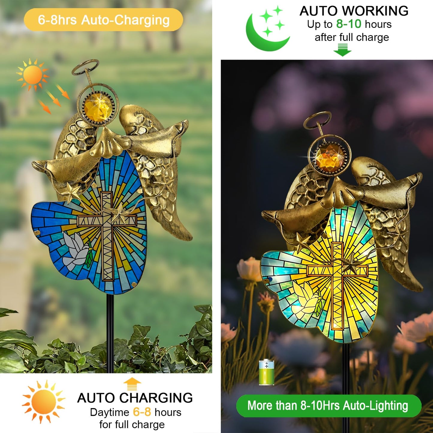 Hokfirm Solar Cross for Cemetery Grave,Metal Angel Garden Stake Pathway Light for Yard Patio Cemetery,Solar Angel Garden Decor Statue for Outside,Memorial Gifts for Women