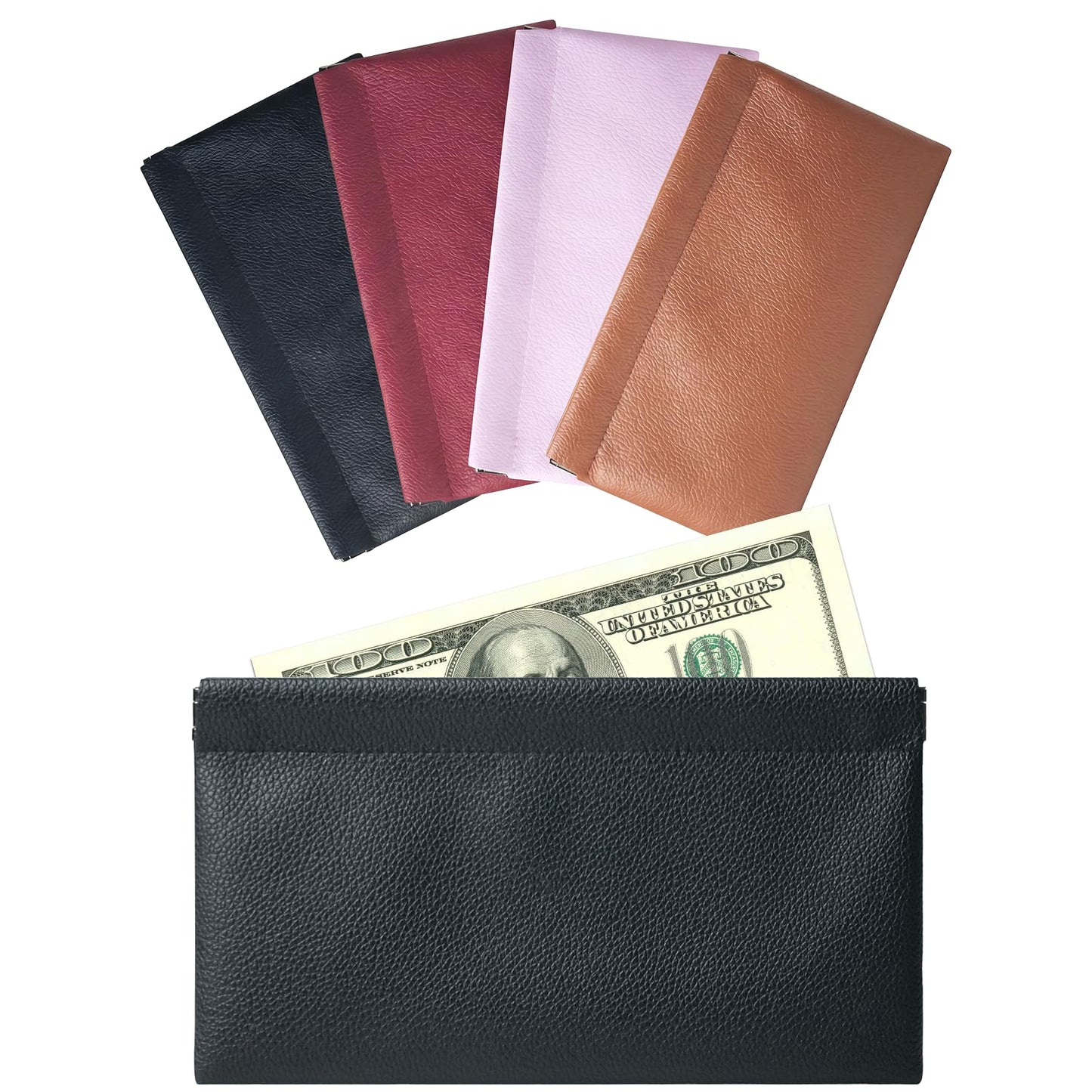 4 Pcs Leather Cash Bag, Squeeze Top Money Bag, Portable Cash Holder for Money Saving & Budgeting, Bank Deposit Bags for Coins, Invoice, Makeup Bills Receipts Tool Storage（Red,Pink,Black,Brown）