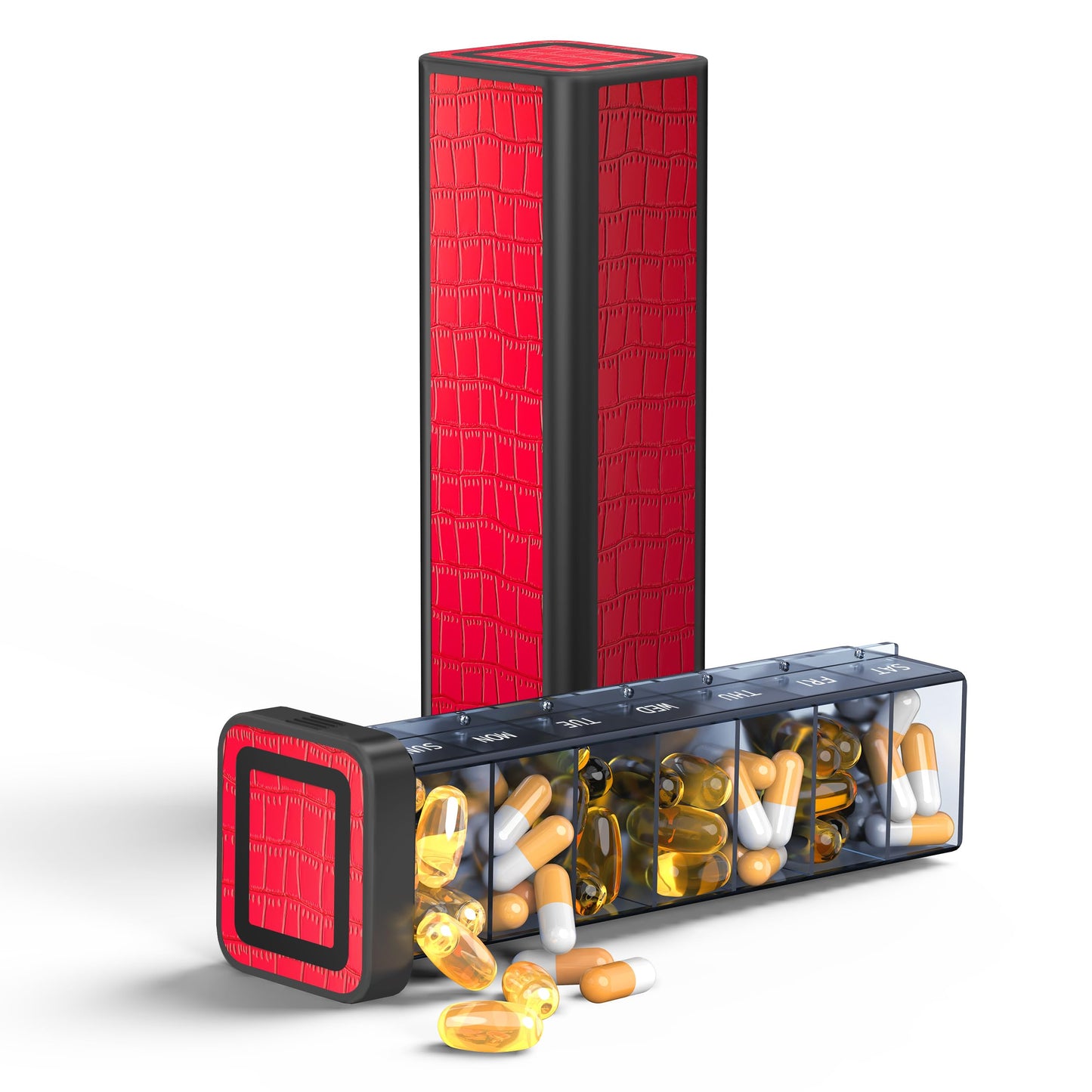 TALVOLC M Weekly Pill Organizer 7 Day, Discreet Leather Pill Case for Purse or Pocket, Easy Slide-Out Daily Medication Planner, 1 Time a Day Travel Vitamin and Supplement Holder (Red)