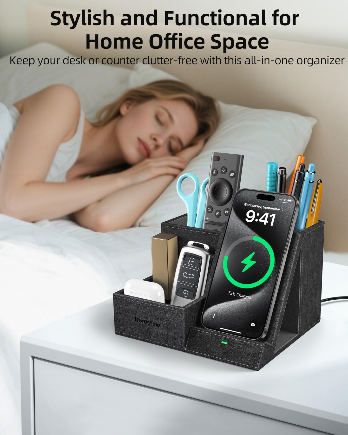 Investme Wireless Charger with Desk Organizer, Pen Pencil Holder, Multifunctional Desktop Organizer, Office Supplies and Desk Accessories Organizer with 3 Compartments and 1 Phone Stand, PU Black