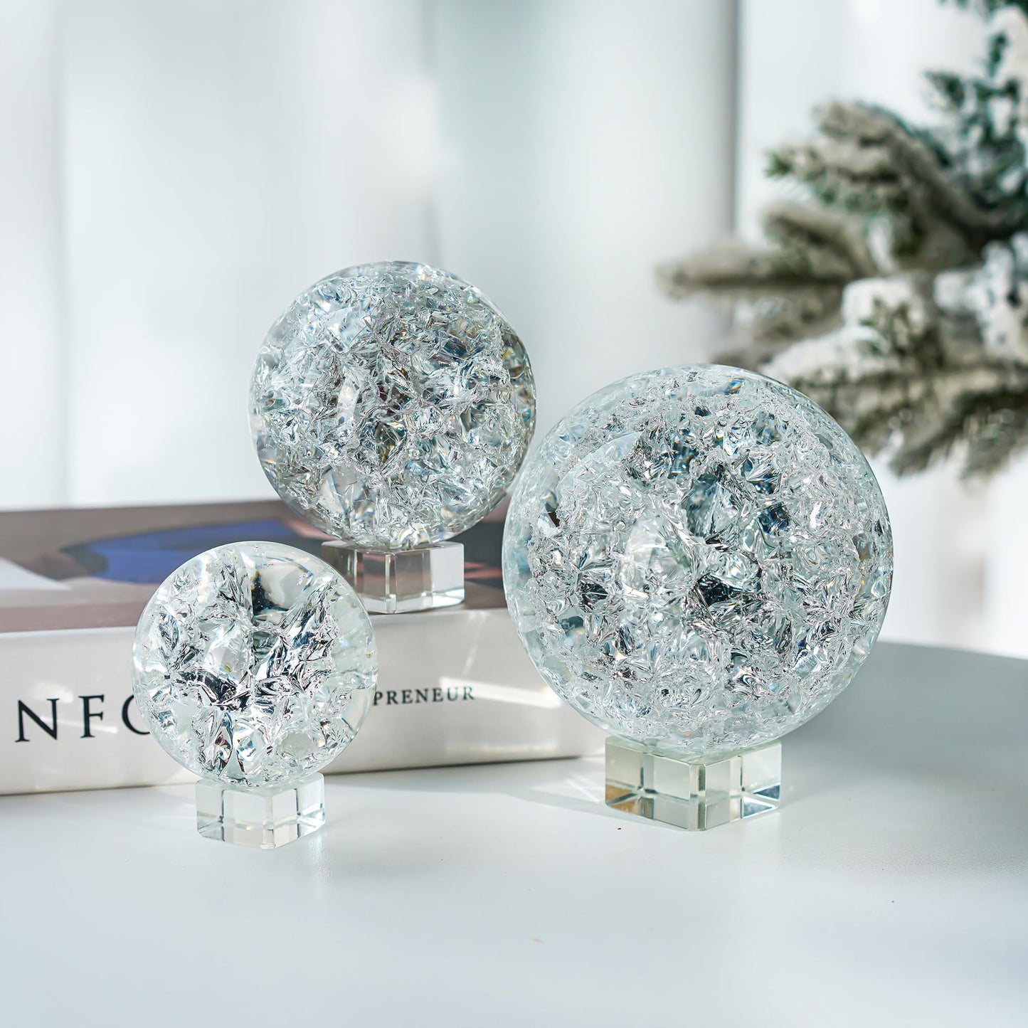 ZEERSHEE Set of 3 60/80/100mm Crystal Cracked Balls Glass Globe Paperweight Decor Solid Decorative Sphere with Stand Feng Shui Divination or Fortune Telling Ball