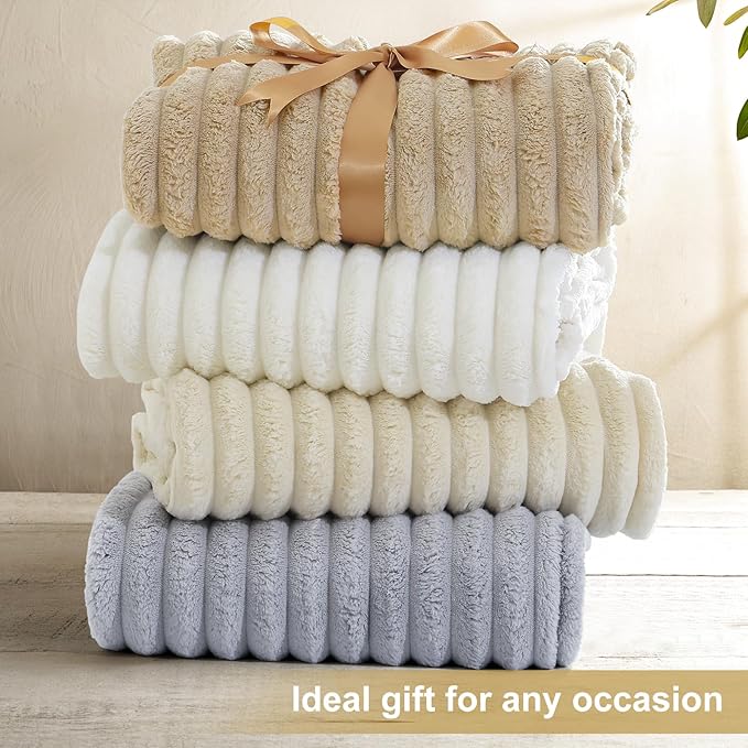 decorUhome Soft Fleece Beige Blanket Queen Size for Bed, Cozy Fluffy Plush Flannel Large Striped Throws for Couch Sofa, Lightweight Decorative Fuzzy Blanket for Woman, 90x90 Inches