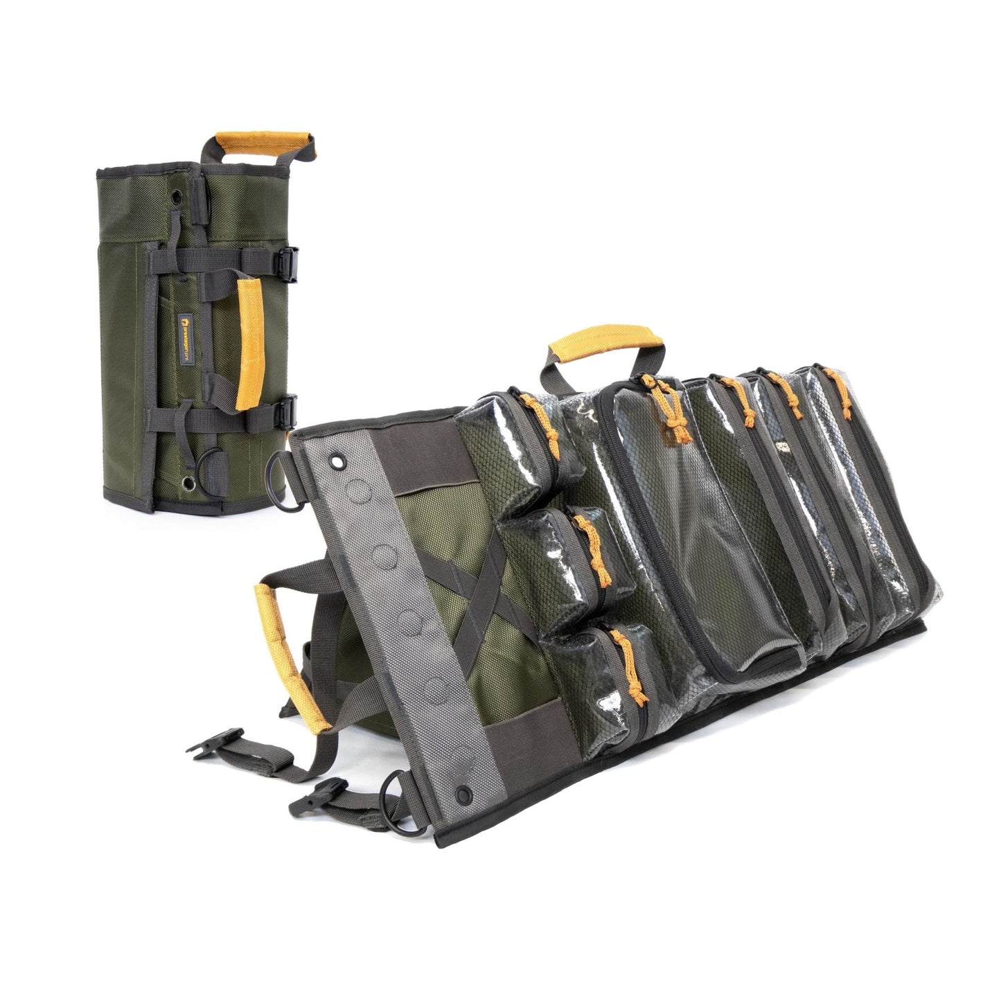 Heavy Duty Roll Up Tool Bag Organizer w/Kickstand for Upright Visibility & Easy Access, 7 Pockets w/Zippers, Multiple Carrying & Hanging Handles, Magnetic & Elastic Organizers, Adjustable Strap
