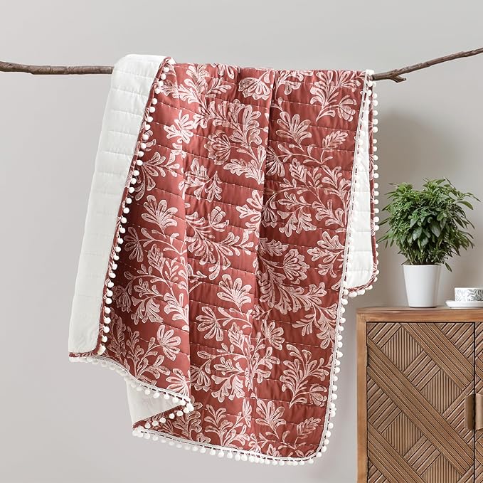 Ultra Soft Pre-Washed Quilted Throw Blanket, Floral Printed Pompom Fringed Dark Terracotta Decorative Throws, Chic Rustic Blanket for Sofa Couch Bed Chair, 50"x 60"