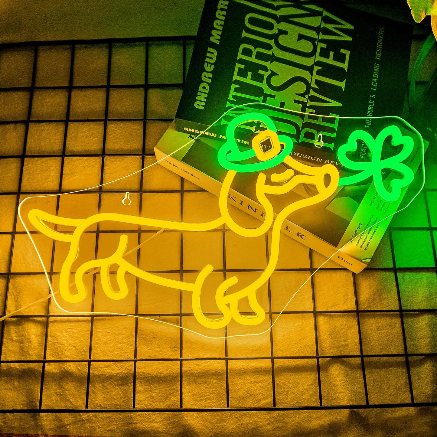 Looklight Shamrock Neon Lights Dog Sign Cute Dachshund With Hat LED Wall Decor, St Patricks Day Window Lights Puppy Sign for Coffee Bars, Birthday Gifts & Dog Lover Party Decorations