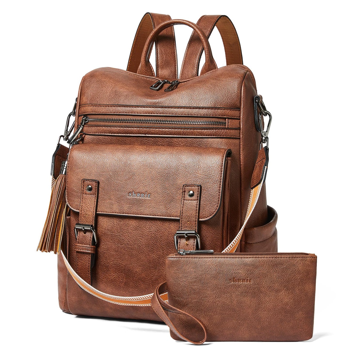 Shrrie Womens Vegan Leather Backpack Purse for Work College Brown Fashion Small Backpack Design Water-Resistant Purse
