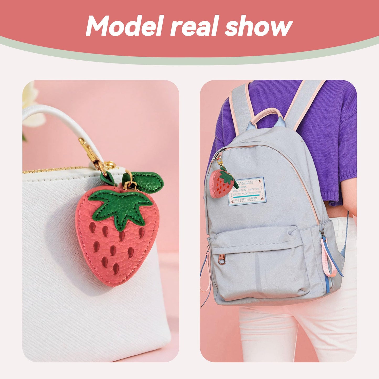 TUKYWAN Strawberry Coin Purse,Leather Bag Charm for Handbags,Fruit Purse Charm,Cute Keychain Accessories with Zipper,Mini Coin Pouch Gifts for Women