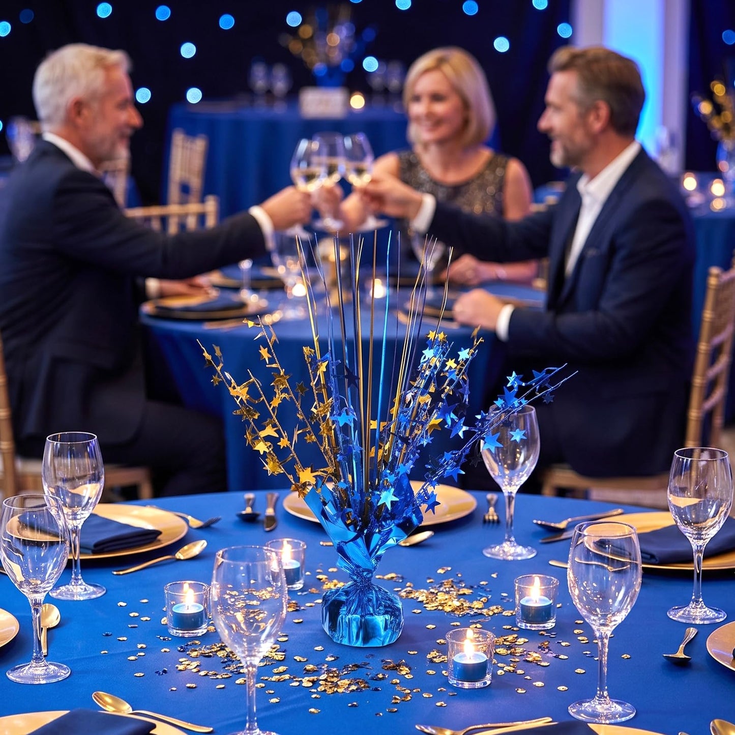 12 Pack Metallic Foil Spray Star Centerpieces for Tables, Blue and Gold Party Decorations for Wedding Birthday Baby Shower Bachelorette Retirement New Years Party Table Decorations