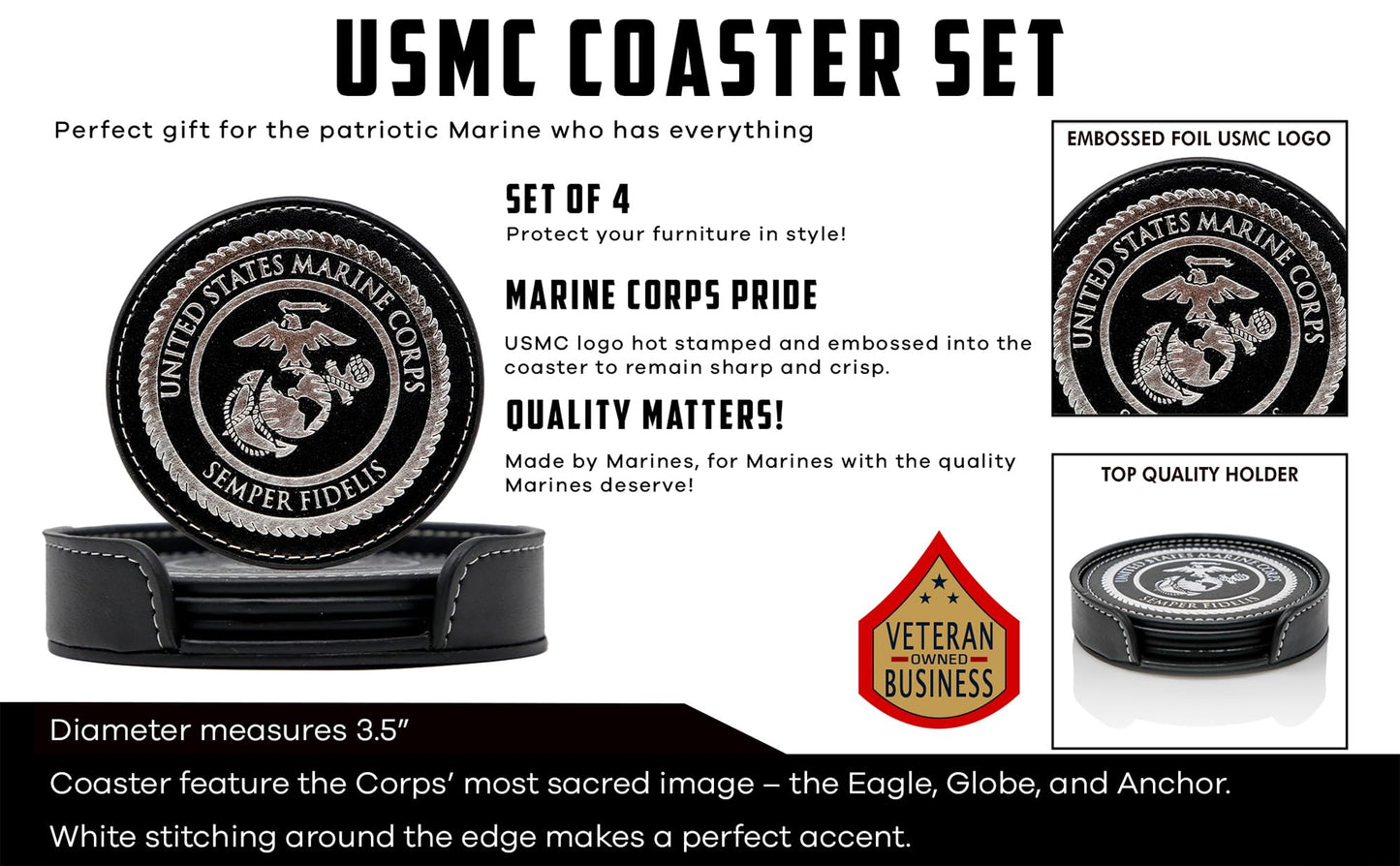 USMC Leather Coaster Set - 4 Premium Coasters with Hot Stamped Foil US Marines EGA Logo - Marine Corps Gift | USMC Leather Coasters