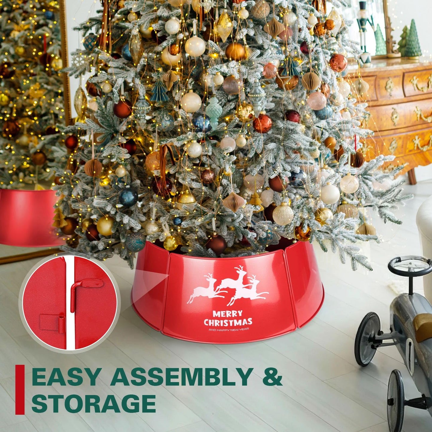 HarcoHome Metal Christmas Tree Collar, 5-Panel Circular Tree Skirt, Durable Red Tree Ring, Iron Construction Base Cover for Xmas Decoration (Top 20.9in, Bottom 28.7in, Height 9.8in)