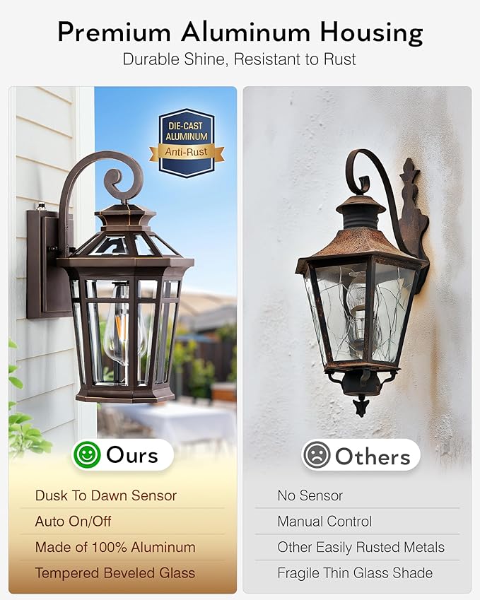 Outdoor Wall Lights Wall Mount, 2-Pack Front Porch Light Fixtures, Oil Rubbed Bronze Dusk to Dawn Exterior Lantern, Modern Patio Wall Sconce with Beveled Glass, Outside Garage Lights for Coach
