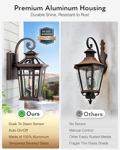 Outdoor Wall Lights Wall Mount, 2-Pack Front Porch Light Fixtures, Oil Rubbed Bronze Dusk to Dawn Exterior Lantern, Modern Patio Wall Sconce with Beveled Glass, Outside Garage Lights for Coach