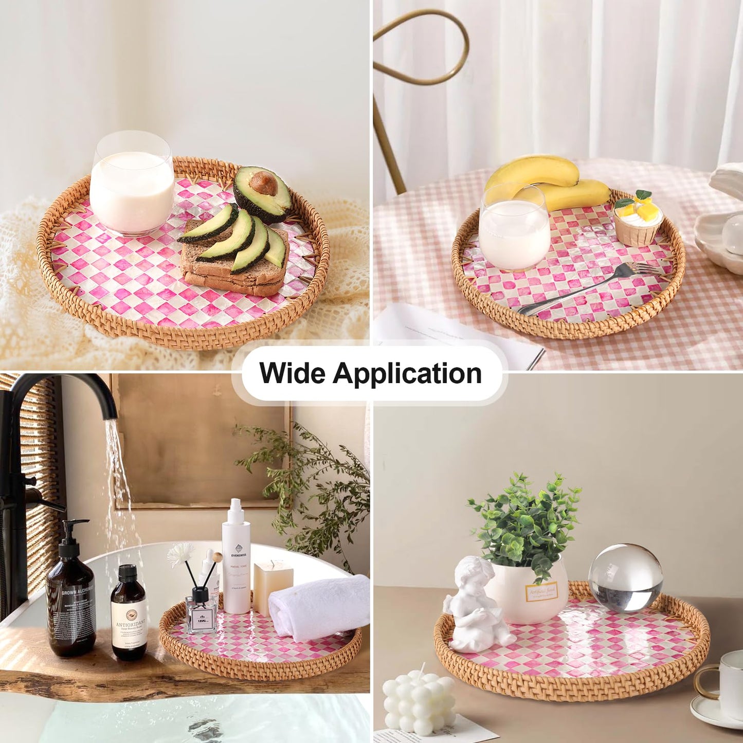 Tynulox Round Rattan Tray with Mother of Pearl Inlay, Rattan Serving Tray for Coffee, Bread, Fruits, Decorative Wicker Tray for Table Decor, Home Decor, Kitchen Island Decor(Pink Checkerboard, 11.8")