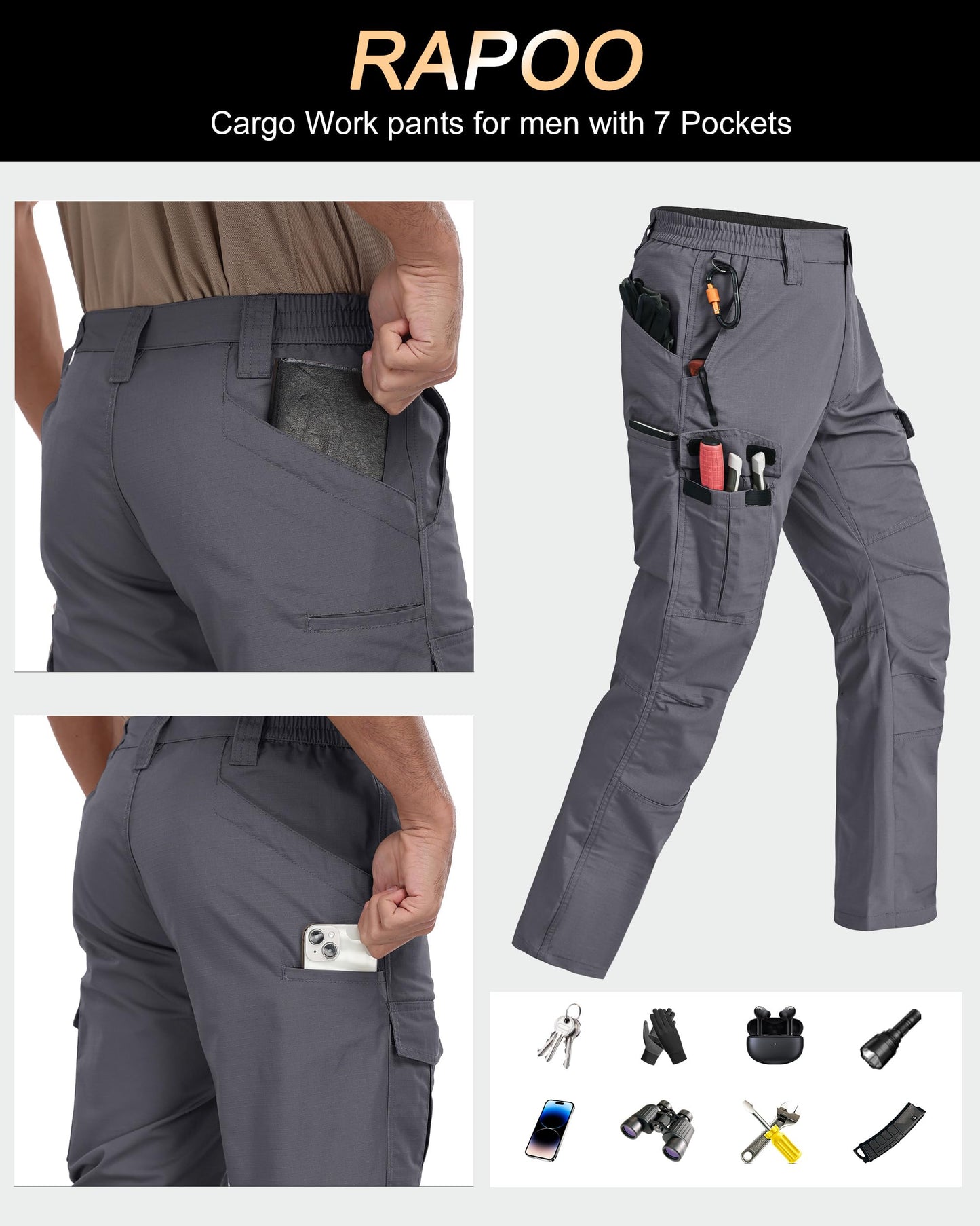 Rapoo Cargo Work Pants for Men Hiking Tactical Military Army Pants for Men with Multi Pockets Water Resistant Mens Ripstop Construction Breathable Pants Grey 42Wx30L