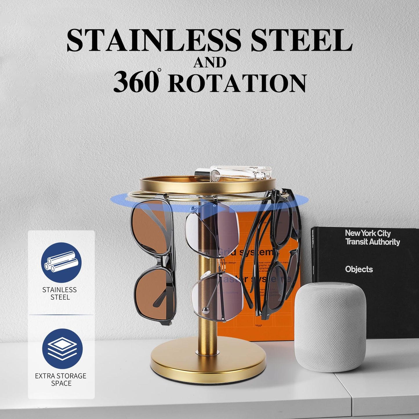 kondyfayo 360° Rotating Sunglass Organizer Storage, Stainless Steel Glasses Holder Stand, Glasses Organizer with Tray for Desk, Dresser, Tabletop, Nightstand and Home Decor (Gold)